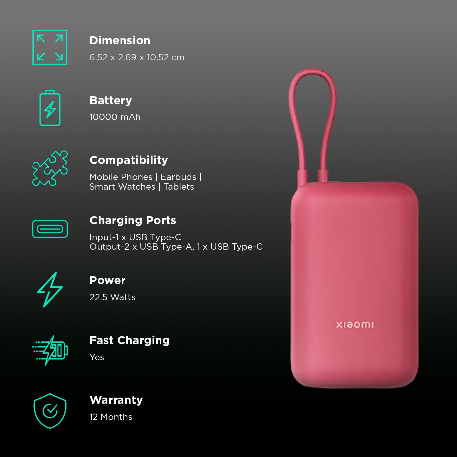 Xiaomi Pocket 10000 mAh 22.5W Fast Charging Power Bank (2 Type A & 1 Type C Ports, Quick Charge 3.0, Maroon)_3
