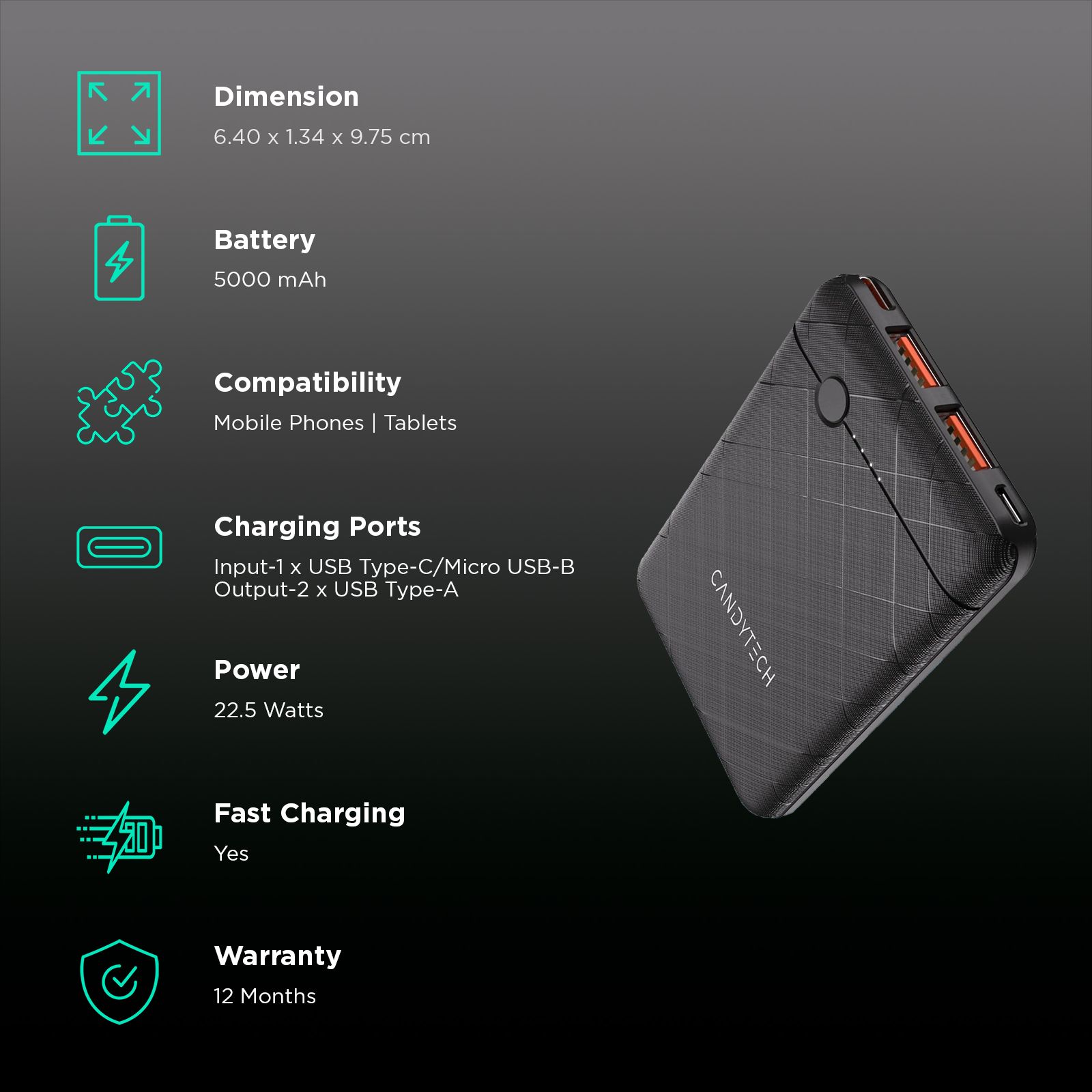 Candytech PB3C1 5000 mAh 22.5W Fast Charging Power Bank (2 Type A Ports, Short Circuit Protection, Black) Candytech PB3C1 5000 mAh 22.5W Fast Charging Power Bank (2 Type A Ports, Short Circuit Protection, Black)_3