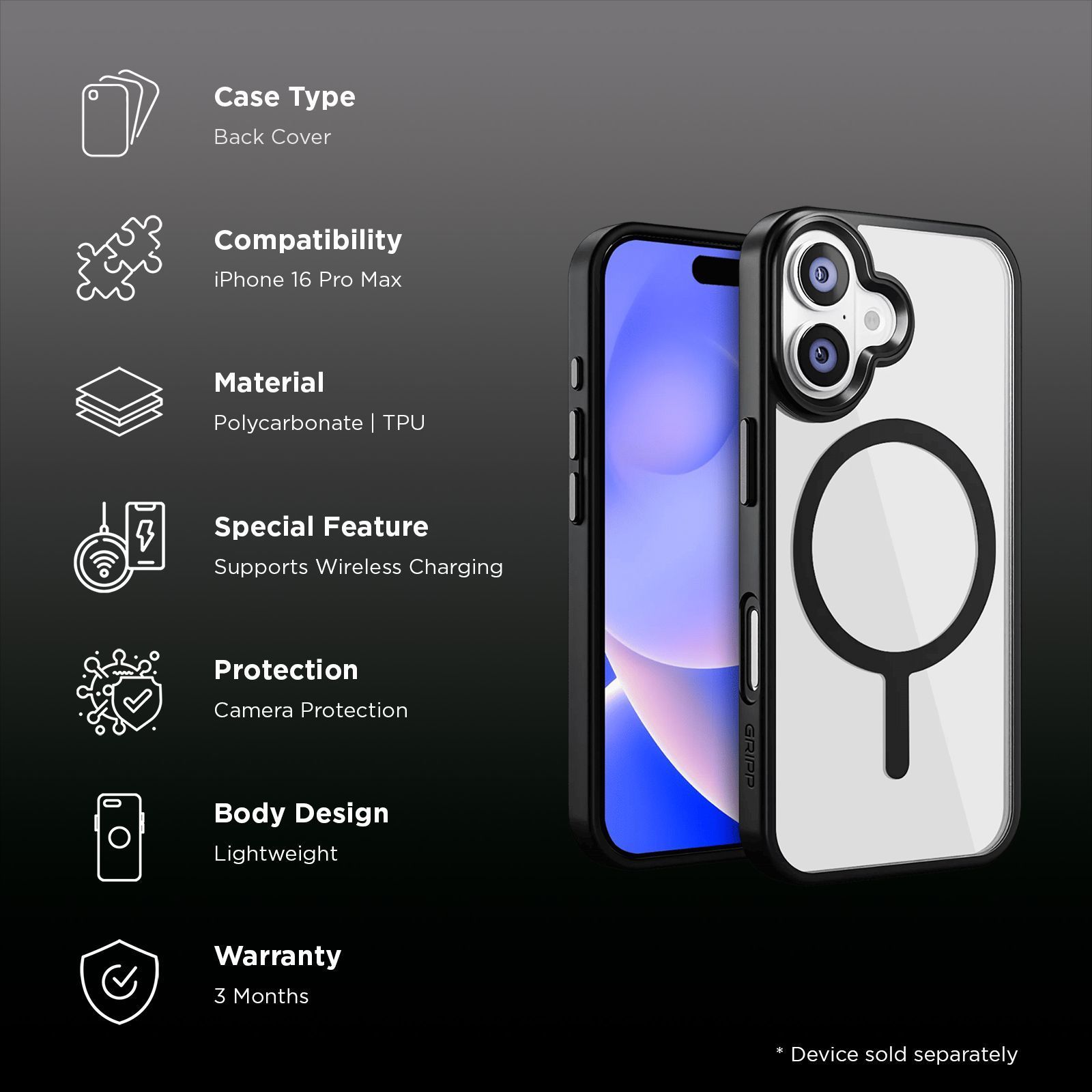 GRIPP Clarion Hard TPU and Polycarbonate Back Cover for Apple iPhone 16 (MagSafe Compatibility, Black) GRIPP Clarion Hard TPU and Polycarbonate Back Cover for Apple iPhone 16 (MagSafe Compatibility, Black)_2