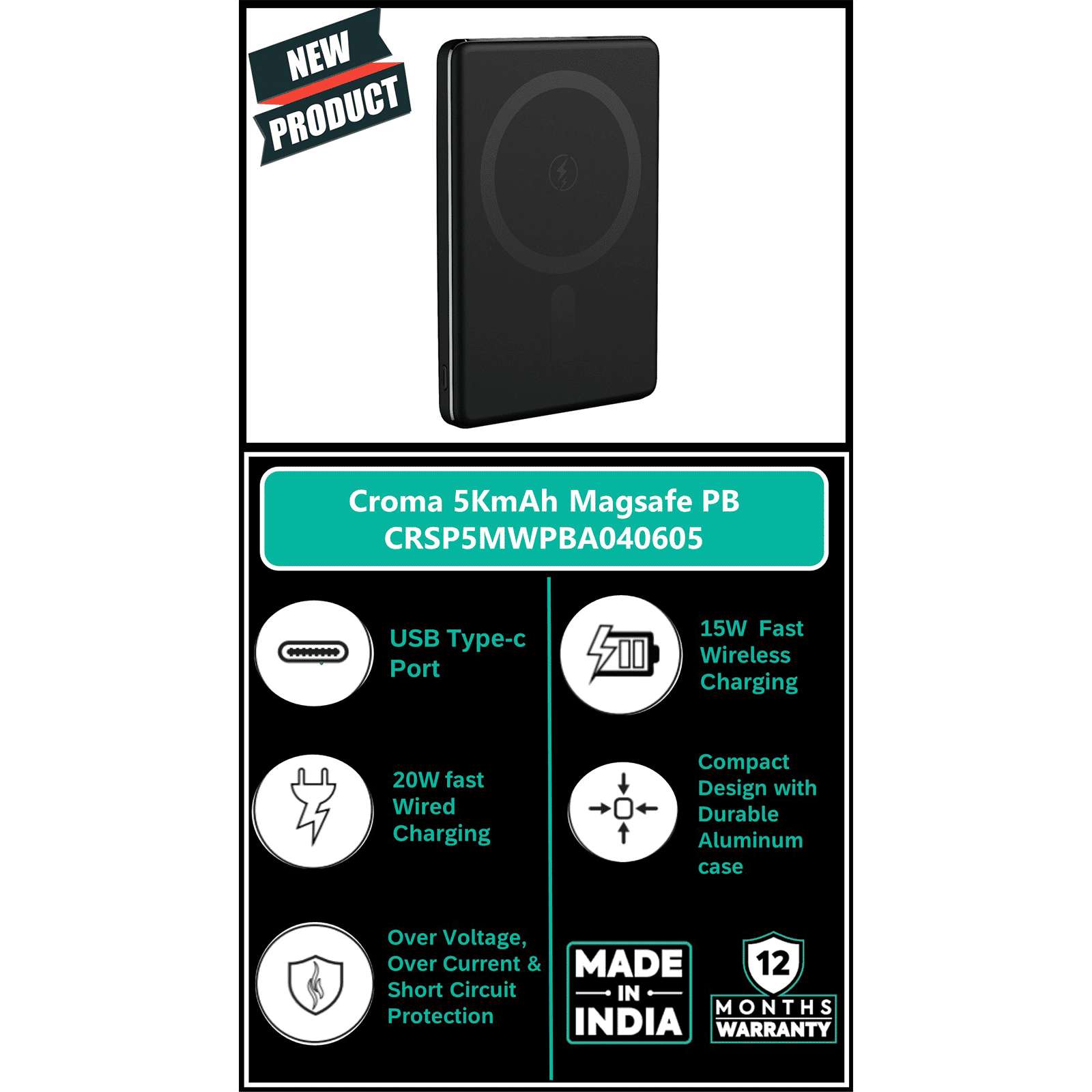 Croma 5000 mAh 20W Fast Charging Power Bank (1 Type C Port, Aluminium Casing, Short Circuit Protection, Black)_7