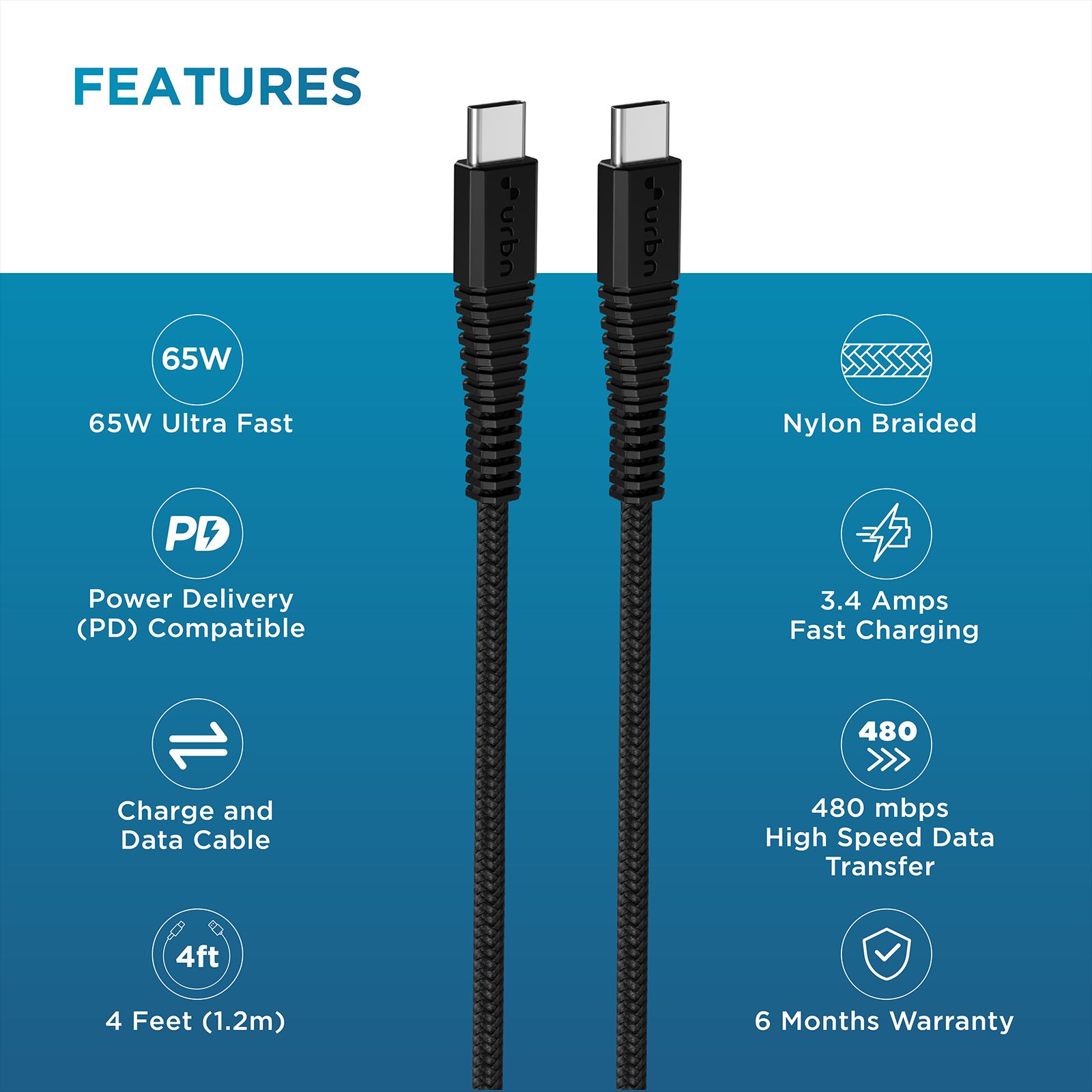 urbn UPC256 Type C to Type C 4.5 Feet (1.4M) Cable (Fast Charging, Black) urbn UPC256 Type C to Type C 4.5 Feet (1.4M) Cable (Fast Charging, Black)_4