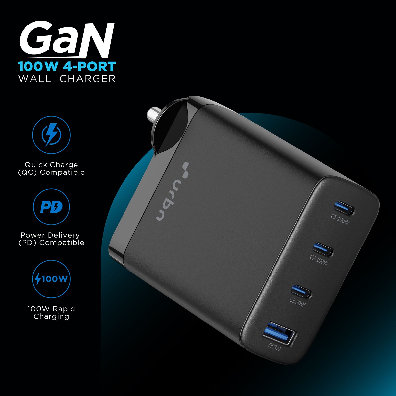 urbn UWA100 100W Type A & Type C 4-Port Fast Charger (Adapter Only, GaN Pro Technology, Black)_4