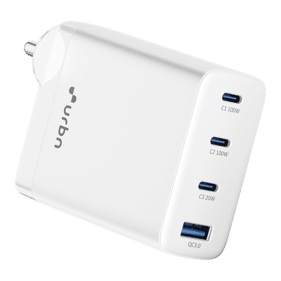 urbn UWA100 100W Type A & Type C 4-Port Fast Charger (Adapter Only, GaN Pro Technology, White)