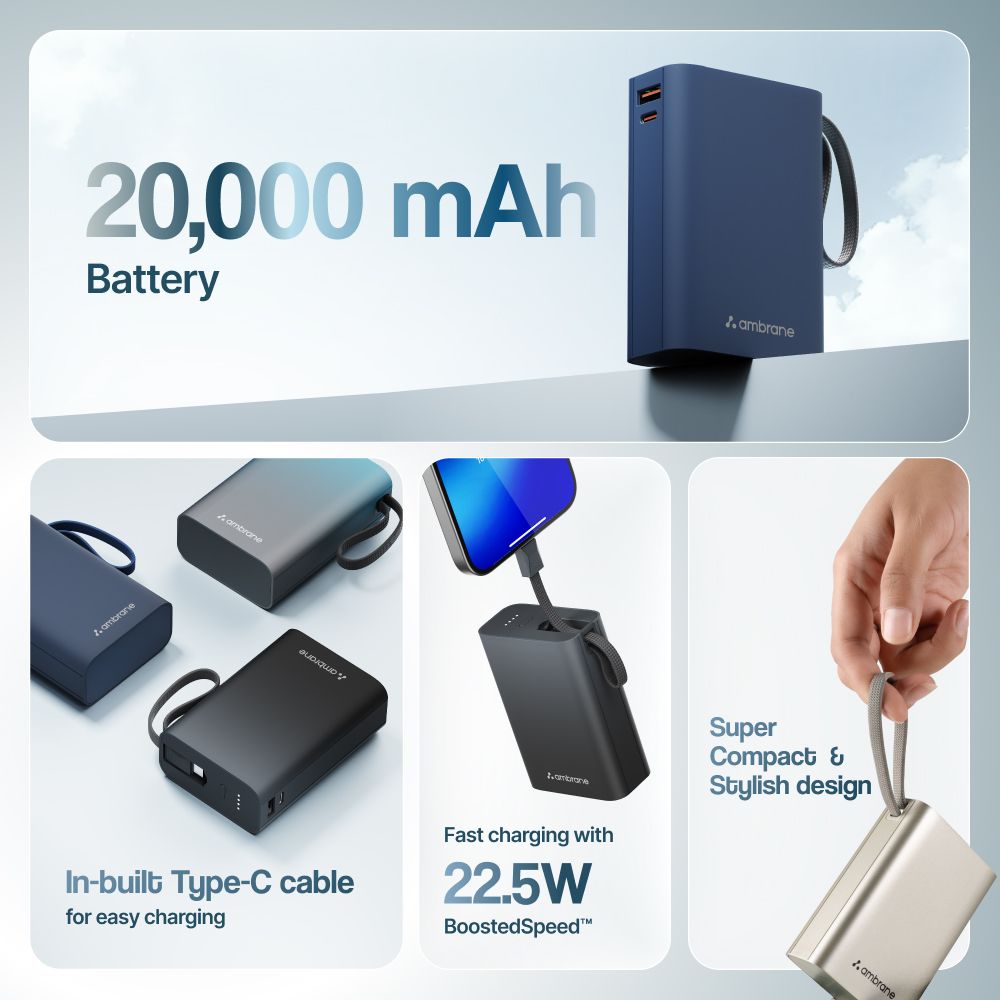 ambrane MiniCharge 20 20000 mAh 22.5W Fast Charging Power Bank (1 Type A Port, 1 Type C Port, Metallic Finish, SafeCharge Technology, Black & Grey)_7