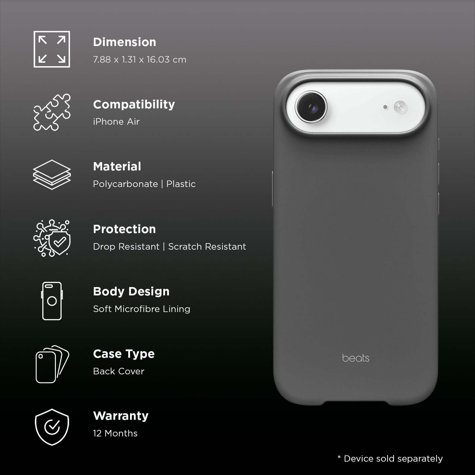 beats Hard Plastic & Polycarbonate Back Cover for Apple iPhone Air (MagSafe & Camera Control, Granite Grey)_2