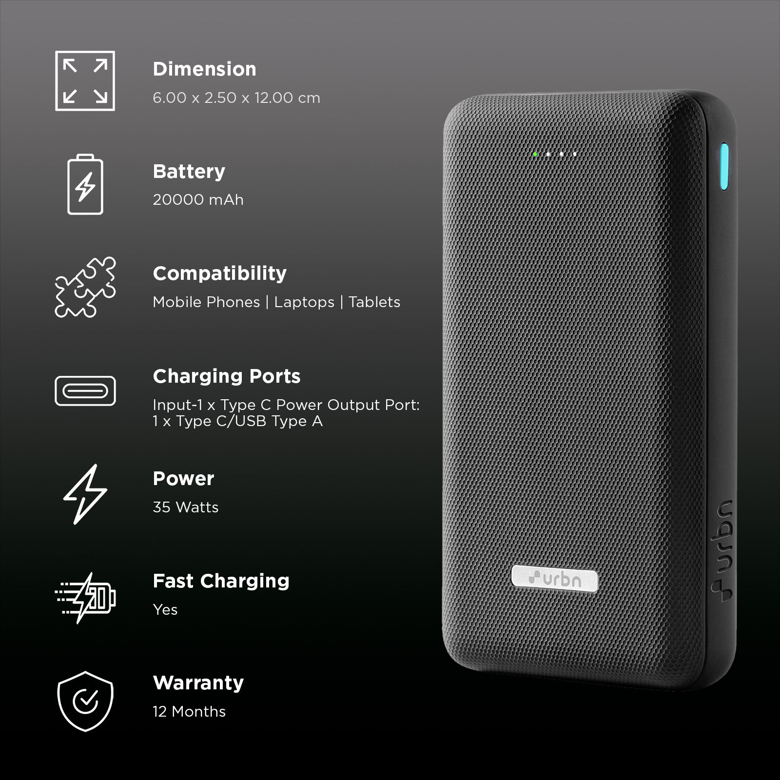 urbn Ultra Compact Pro 20000 mAh 35W Fast Charging Power Bank (1 Type C & 1 Type A Port, 12 Layer Circuit Protection, Black)_3