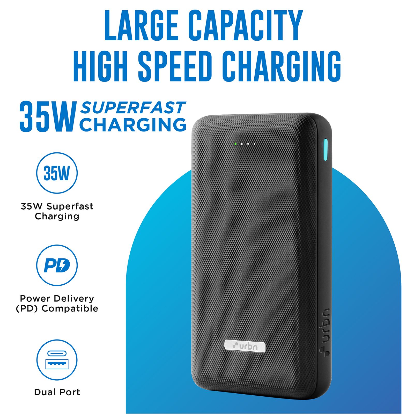 urbn Ultra Compact Pro 20000 mAh 35W Fast Charging Power Bank (1 Type C & 1 Type A Port, 12 Layer Circuit Protection, Black)_4