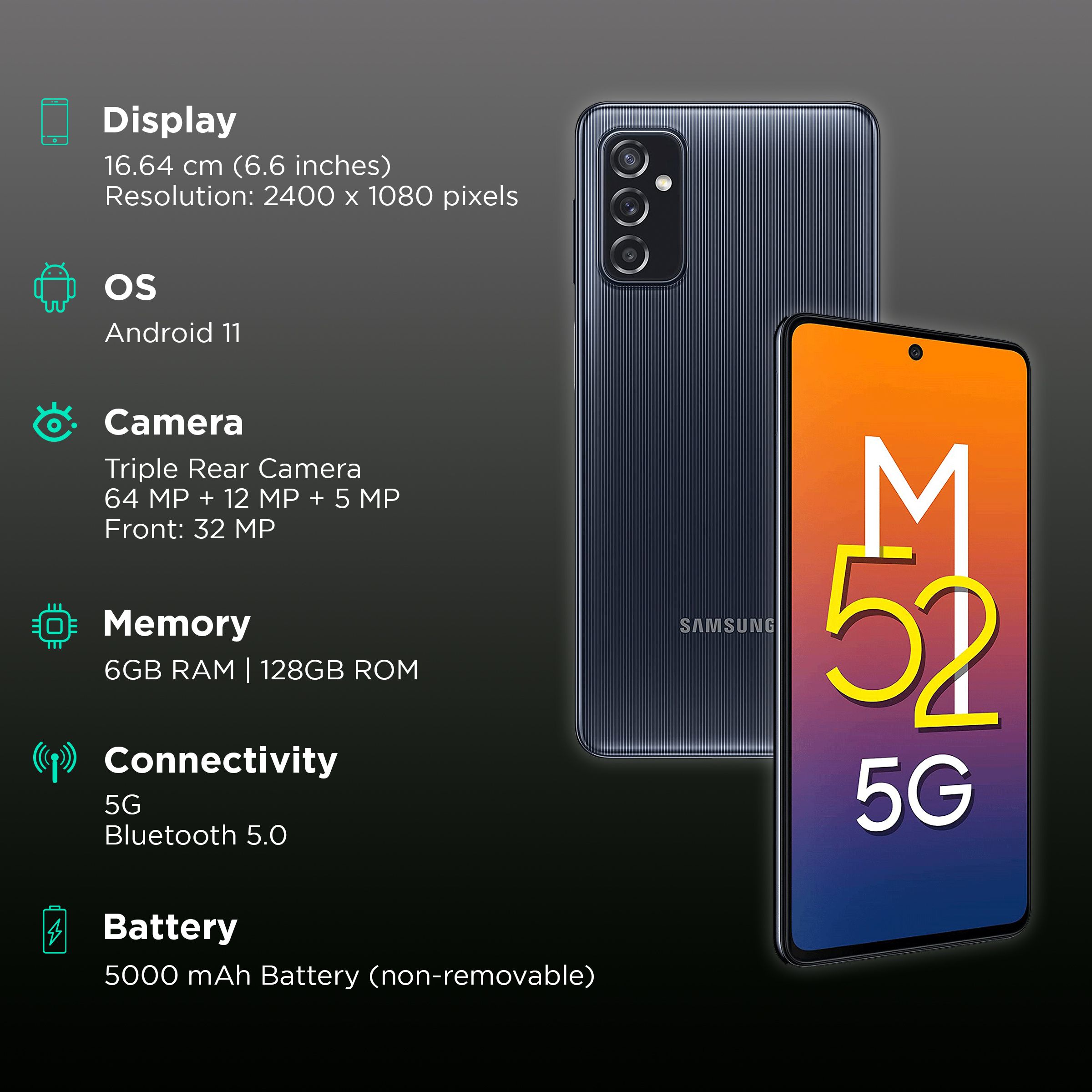 SAMSUNG Galaxy M52 5G (6GB RAM, 128GB, Black)_3