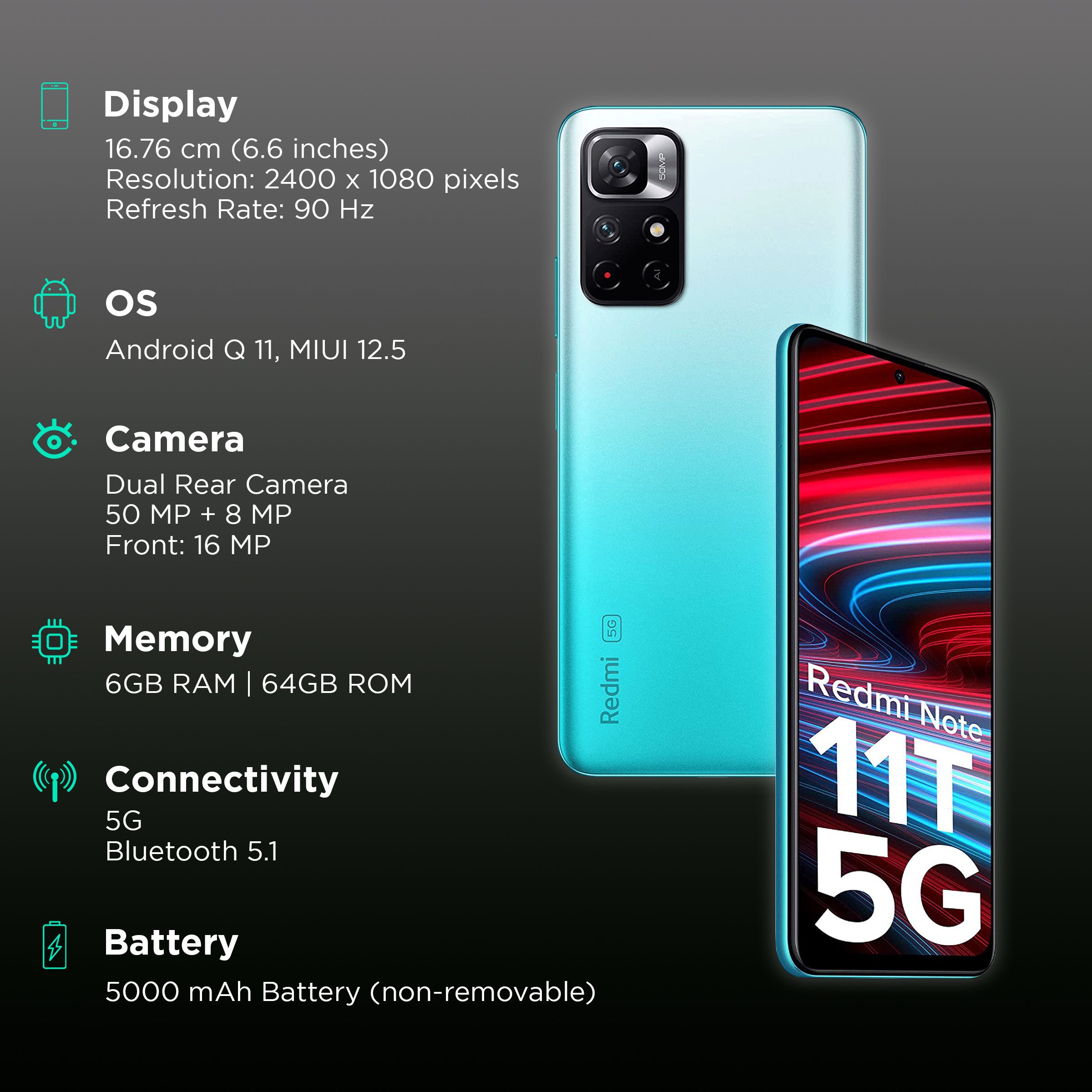 Redmi Note 11T 5G (6GB RAM, 64GB, Aquamarine Blue) Redmi Note 11T 5G (6GB RAM, 64GB, Aquamarine Blue)_3