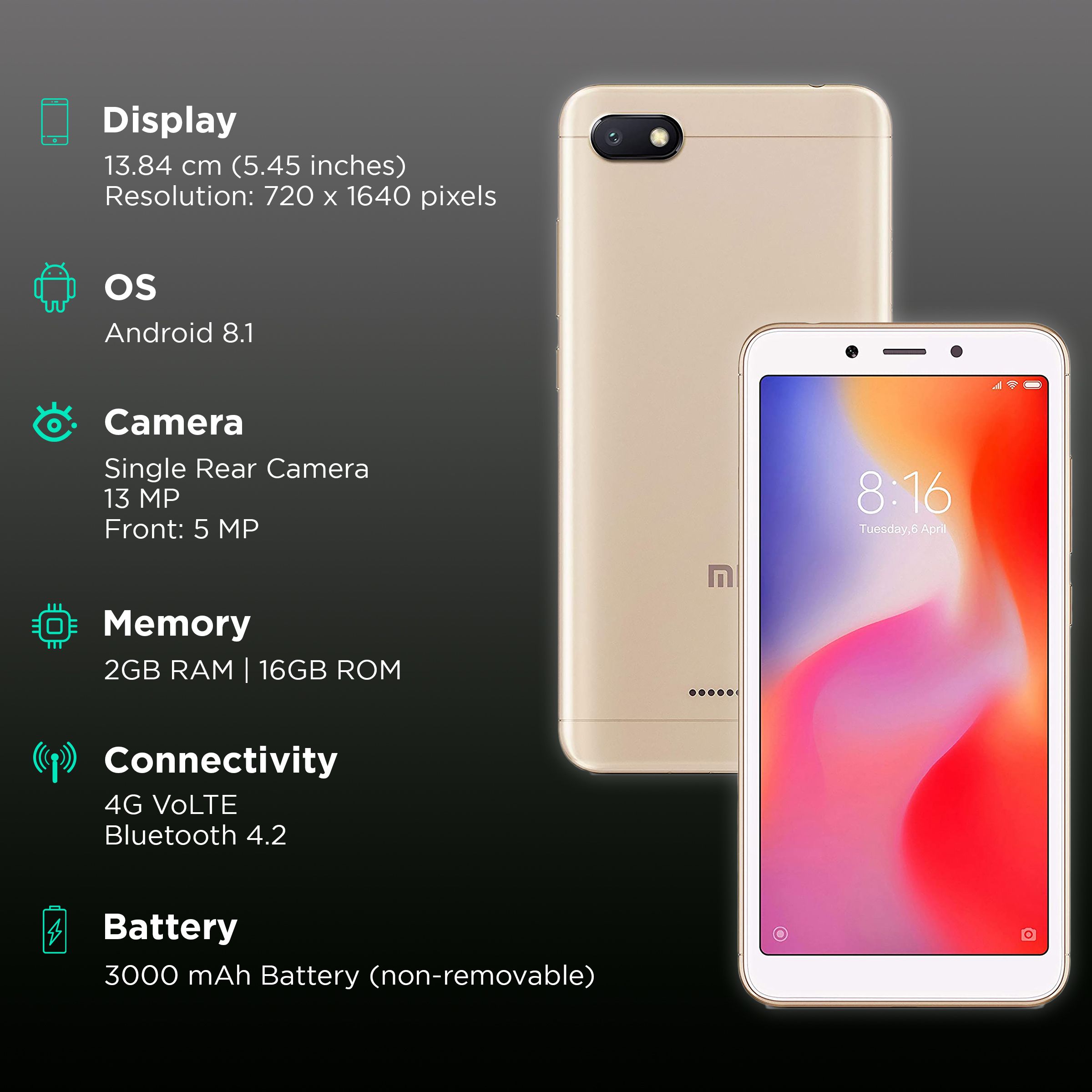 Refurbished Redmi 6A (2GB RAM, 16GB, Gold)_3