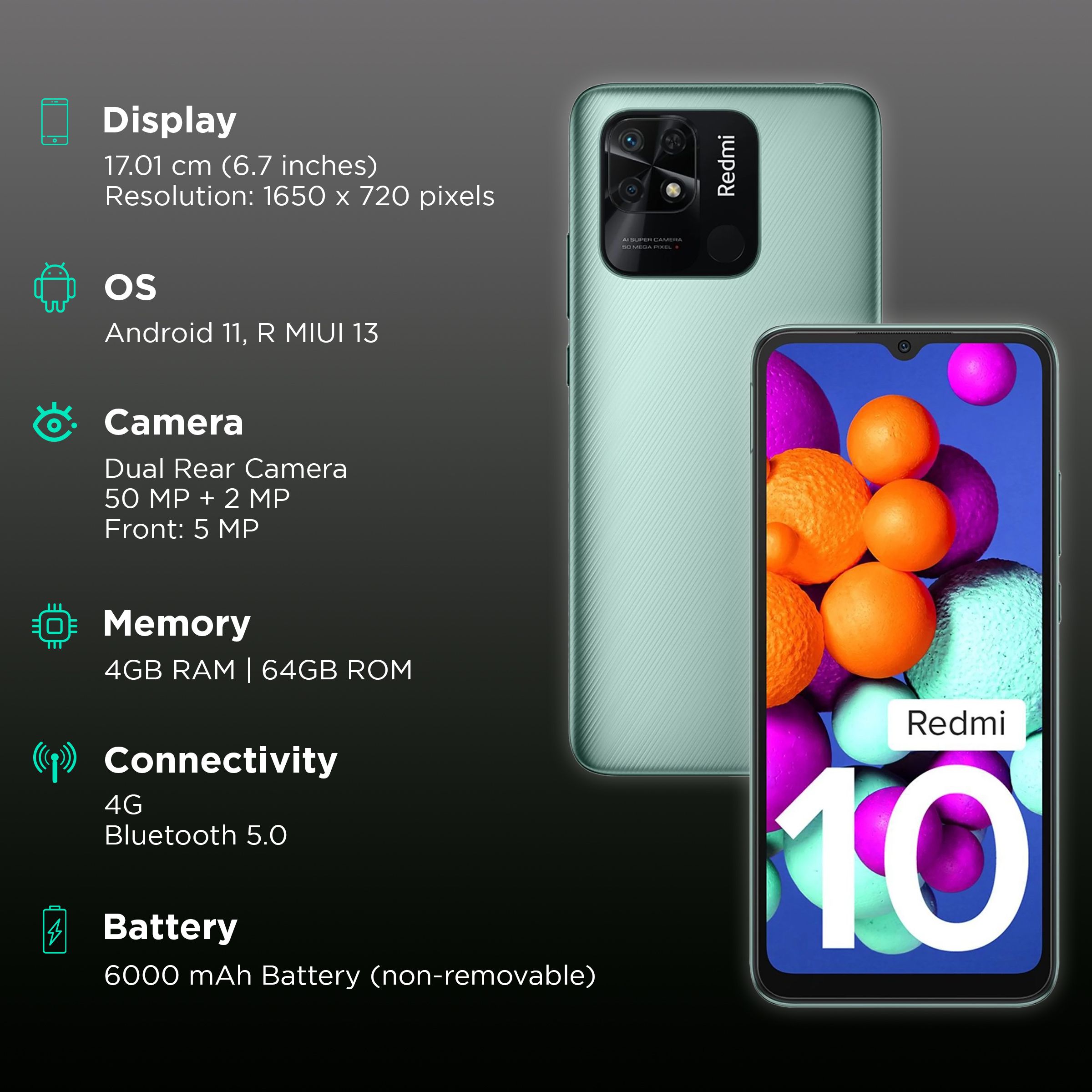 Redmi 10 (4GB RAM, 64GB, Caribbean Green) Redmi 10 (4GB RAM, 64GB, Caribbean Green)_2