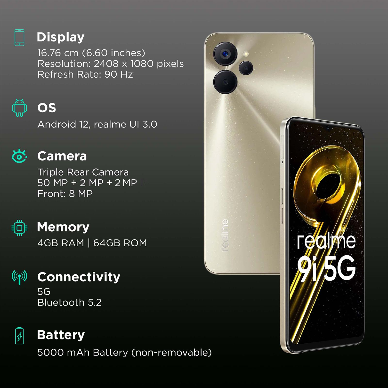 realme 9i 5G (4GB RAM, 64GB, Metallica Gold)_3