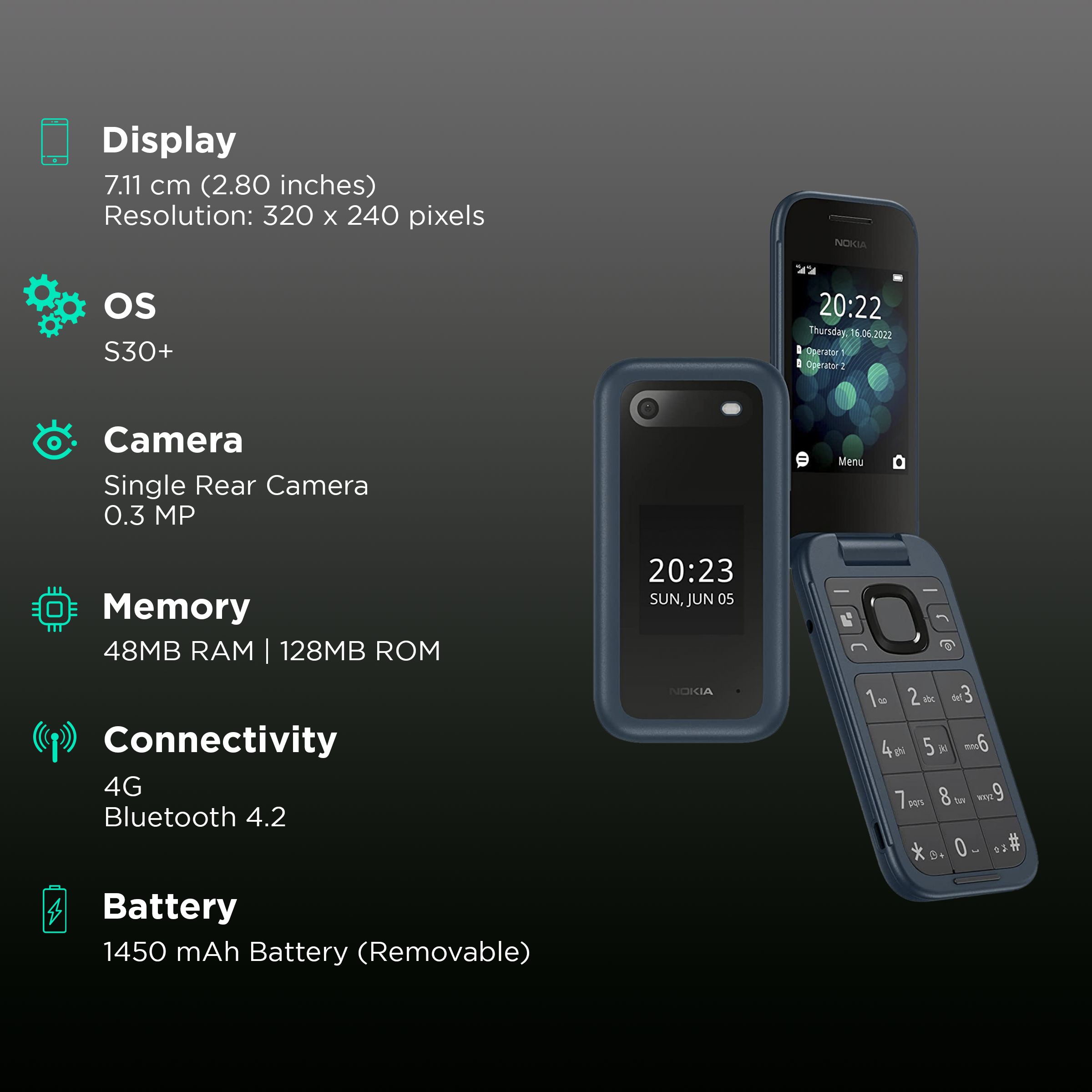NOKIA 2660 Flip (128MB, Dual SIM, Rear Camera, Blue)_3
