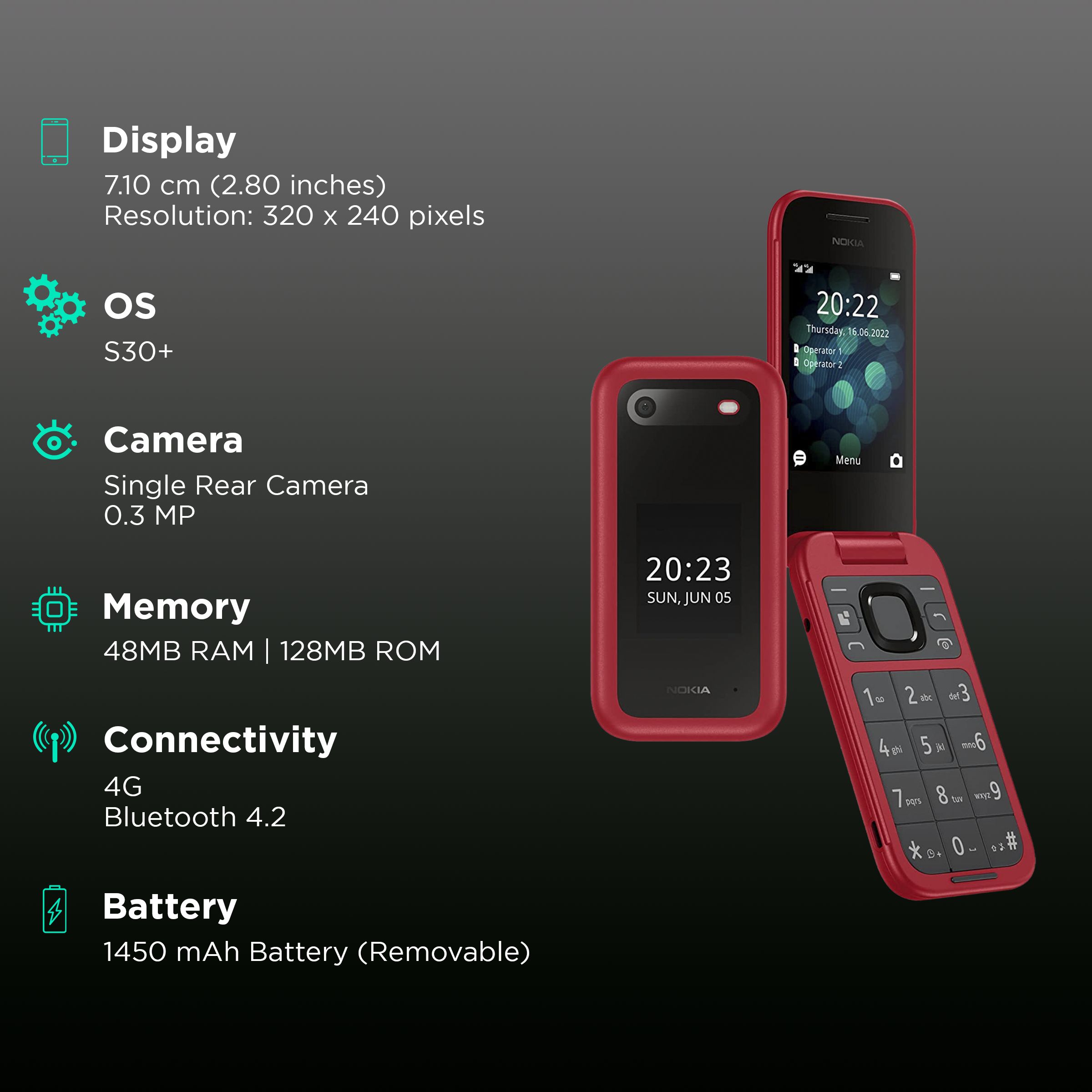 NOKIA 2660 Flip (128MB, Dual SIM, Rear Camera, Red) NOKIA 2660 Flip (128MB, Dual SIM, Rear Camera, Red)_3