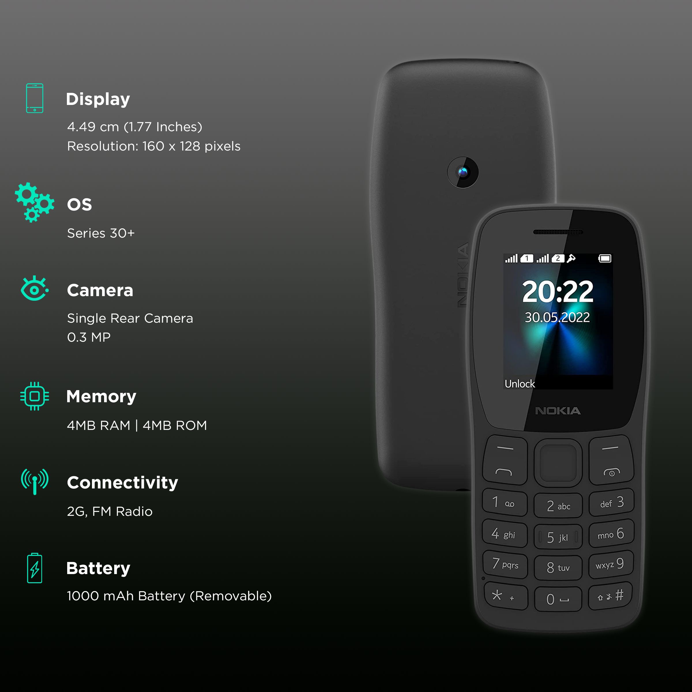 NOKIA 110 (4MB, Dual SIM, Rear Camera, Charcoal) NOKIA 110 (4MB, Dual SIM, Rear Camera, Charcoal)_3