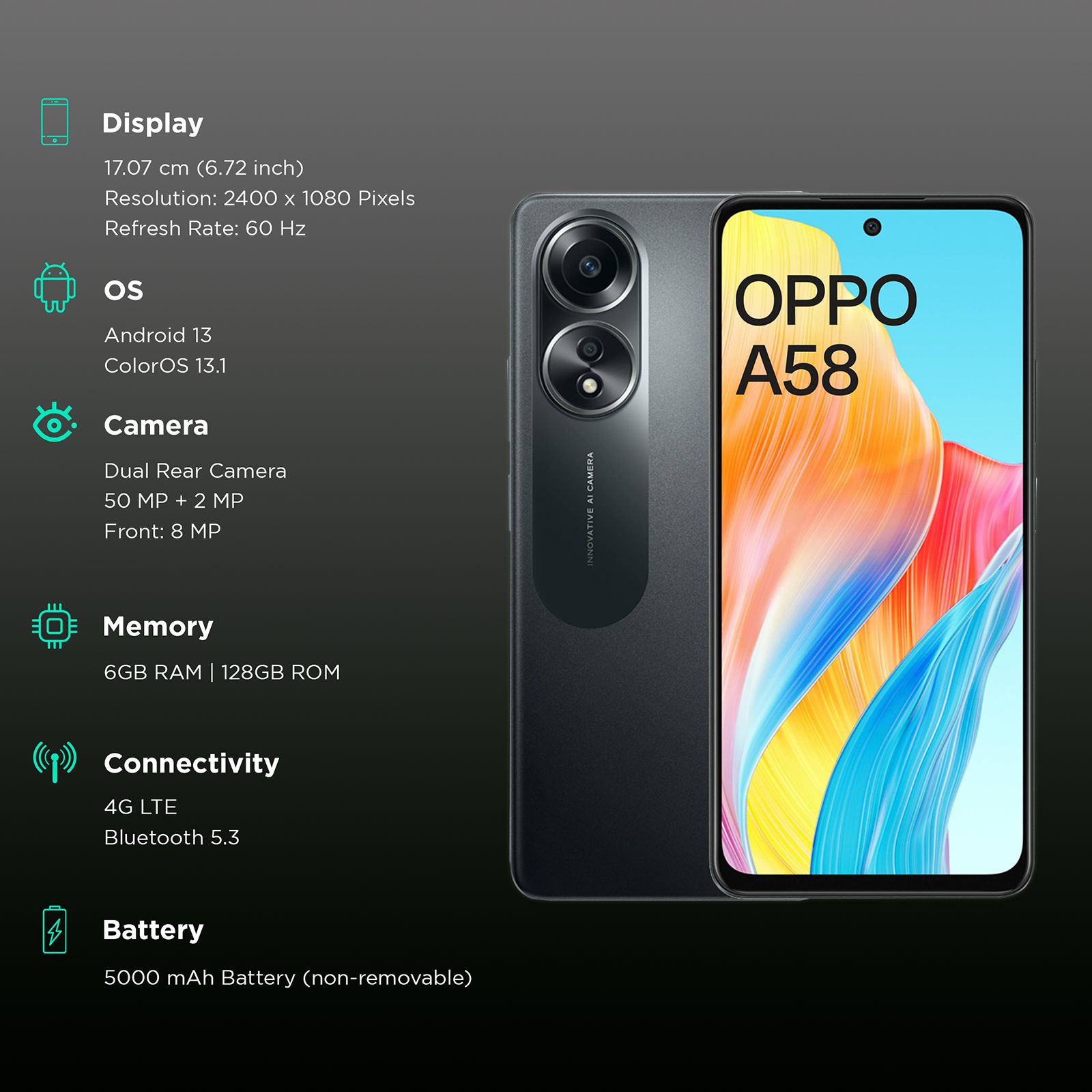 oppo A58 (6GB RAM, 128GB, Glowing Black)_3