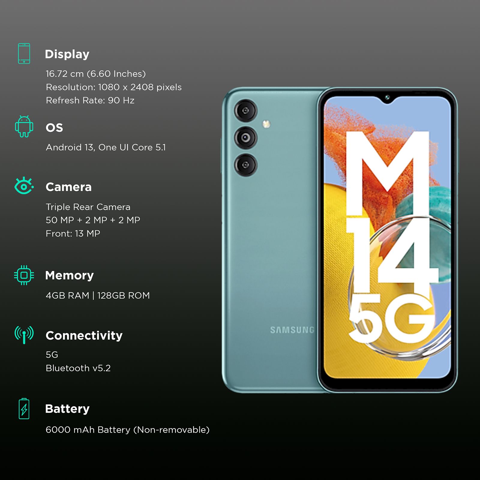 SAMSUNG Galaxy M14 5G (4GB RAM, 128GB, Smoky Teal) SAMSUNG Galaxy M14 5G (4GB RAM, 128GB, Smoky Teal)_3