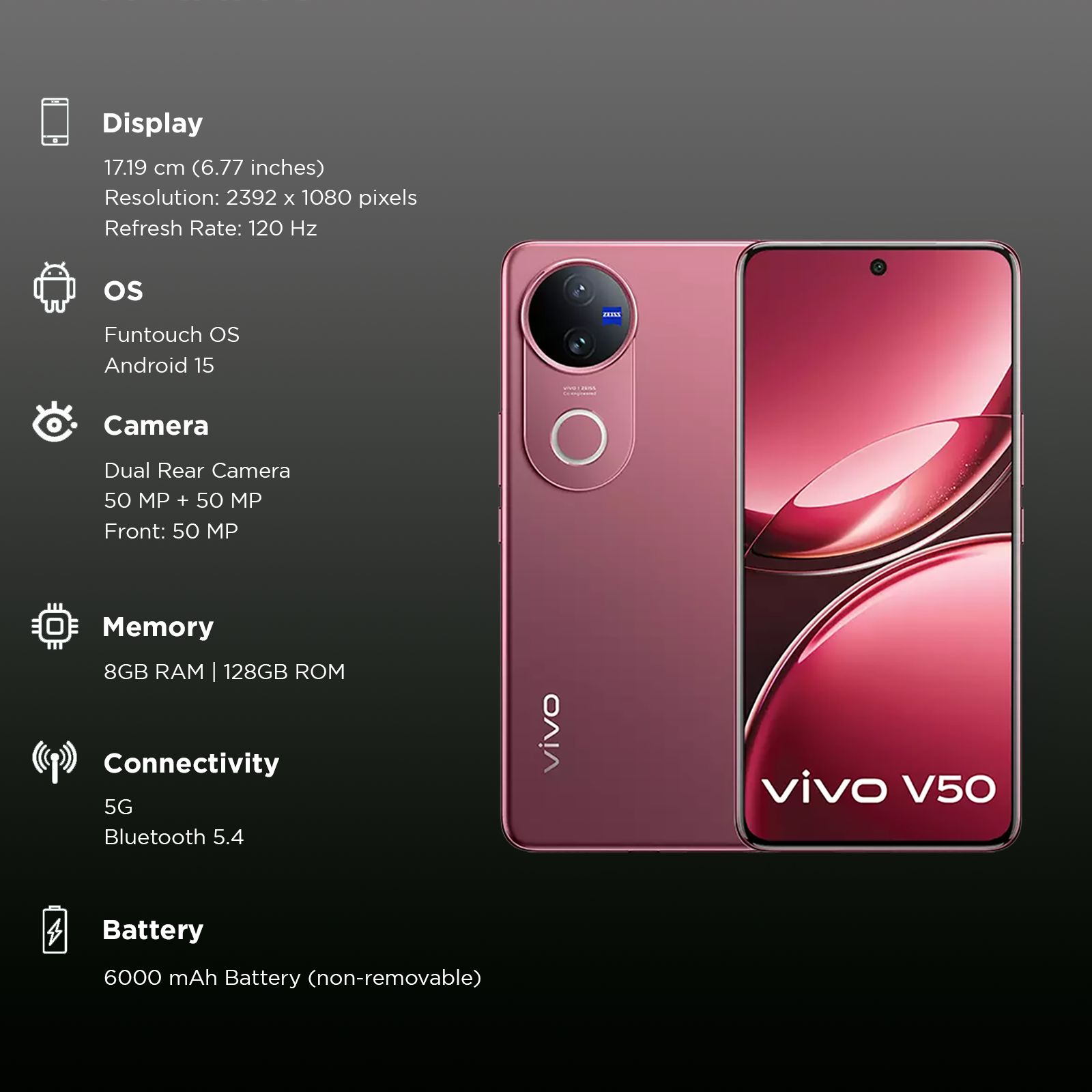 vivo V50 5G (8GB RAM, 128GB, Rose Red) vivo V50 5G (8GB RAM, 128GB, Rose Red)_3
