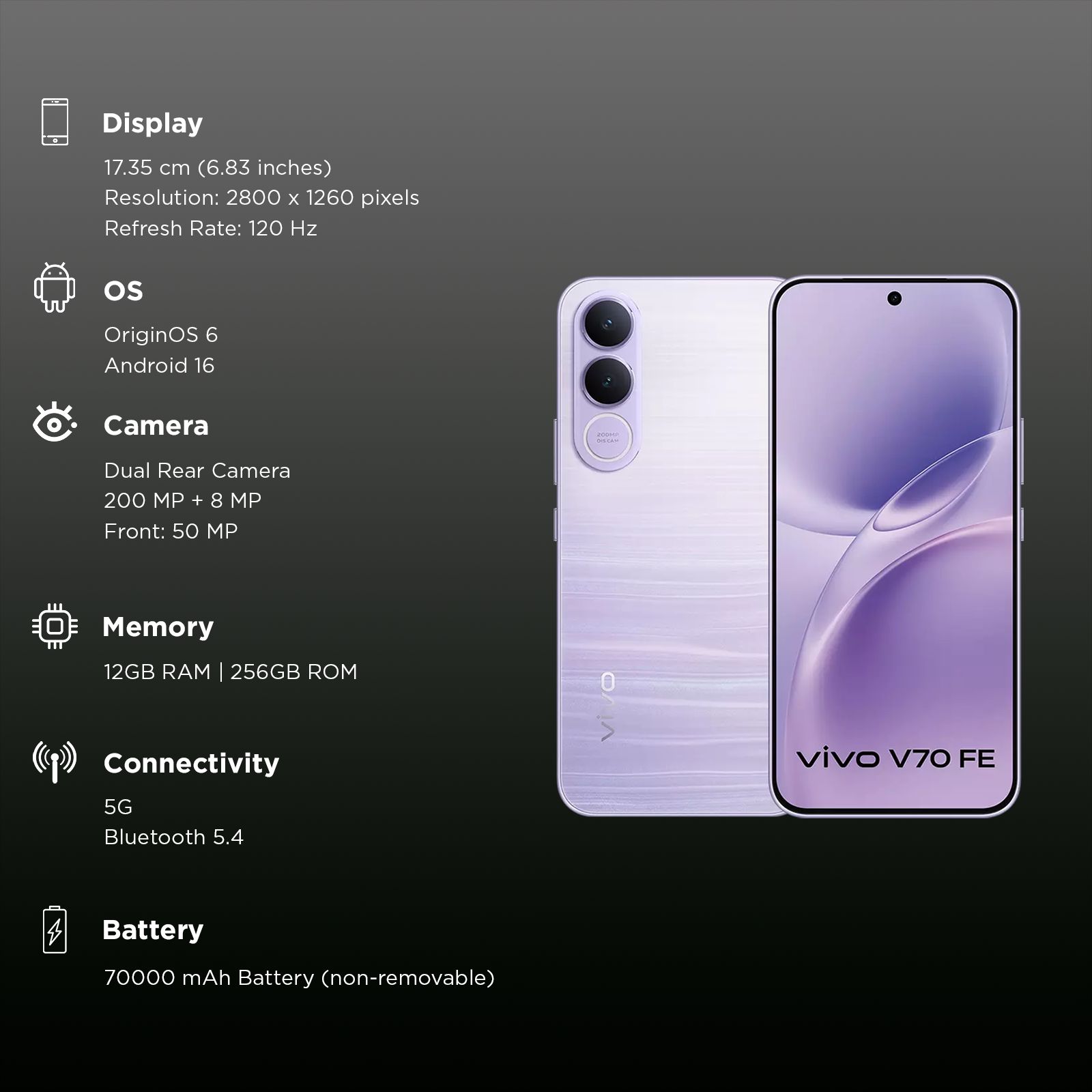 vivo V70 FE 5G (12GB RAM, 256GB, Northern Lights Purple) vivo V70 FE 5G (12GB RAM, 256GB, Northern Lights Purple)_3