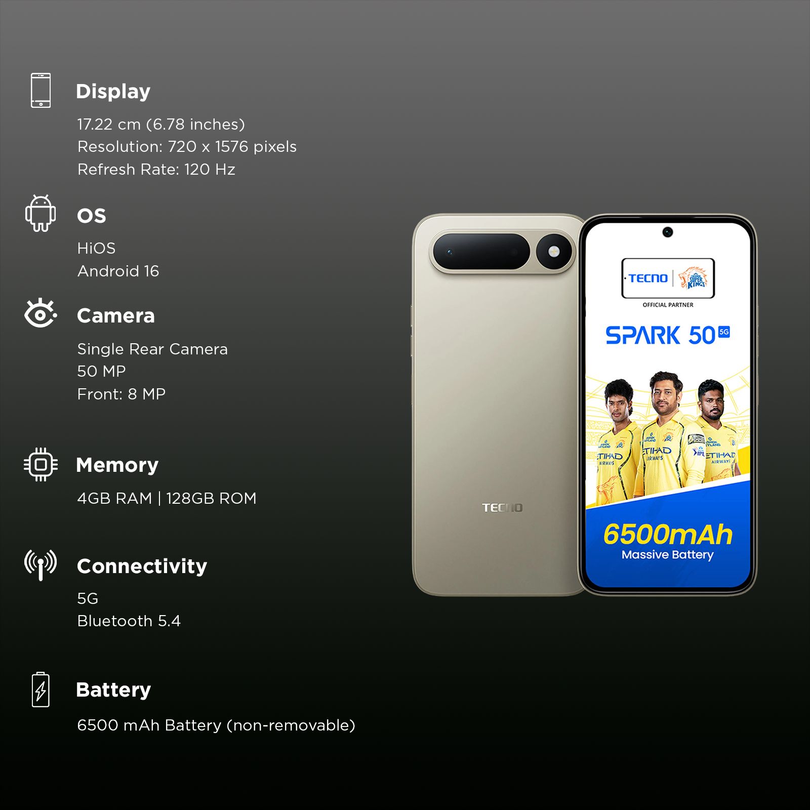 TECNO SPARK 50 5G (4GB RAM, 128GB, Champagne Gold) TECNO SPARK 50 5G (4GB RAM, 128GB, Champagne Gold)_3