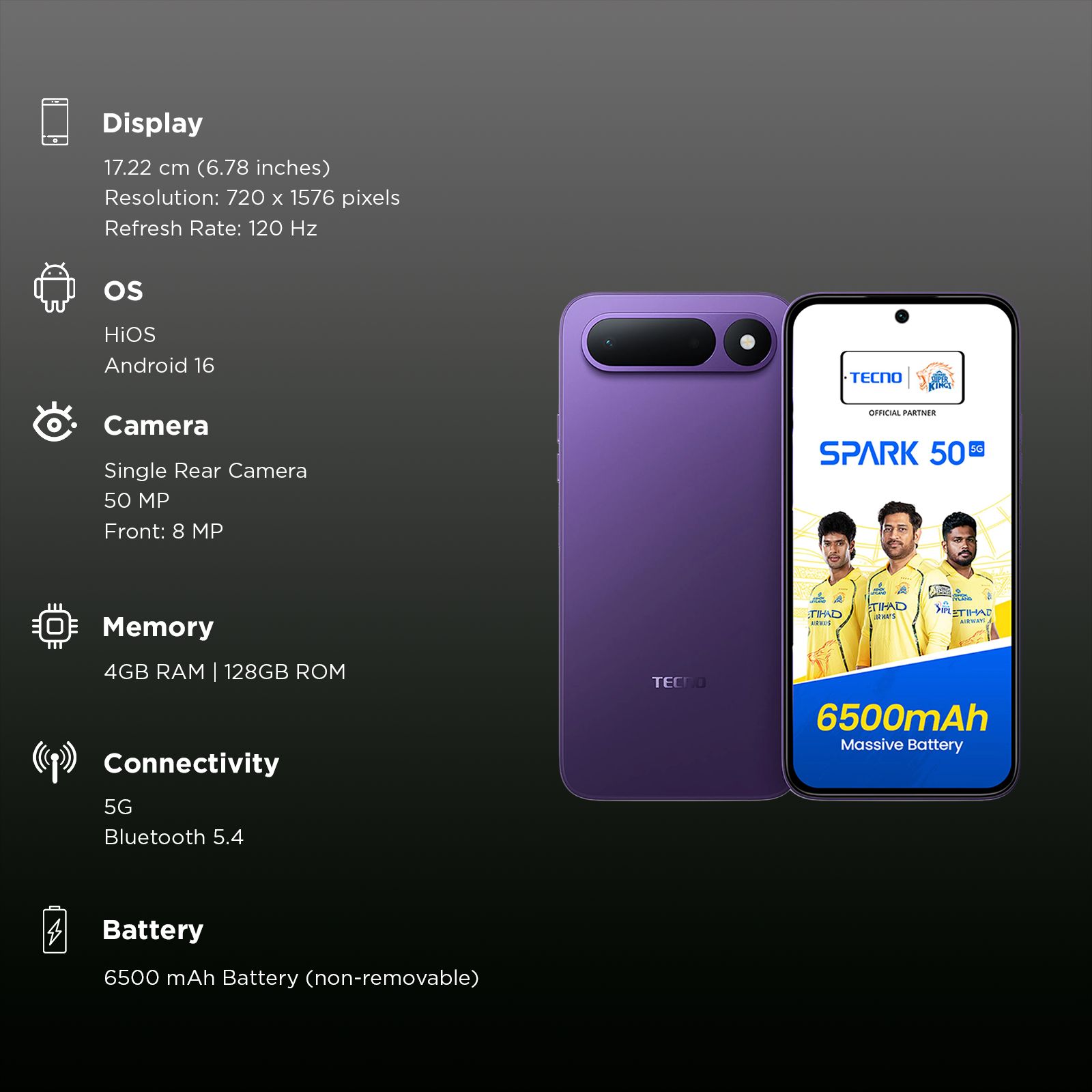 TECNO SPARK 50 5G (4GB RAM, 128GB, Fantasy Purple) TECNO SPARK 50 5G (4GB RAM, 128GB, Fantasy Purple)_3