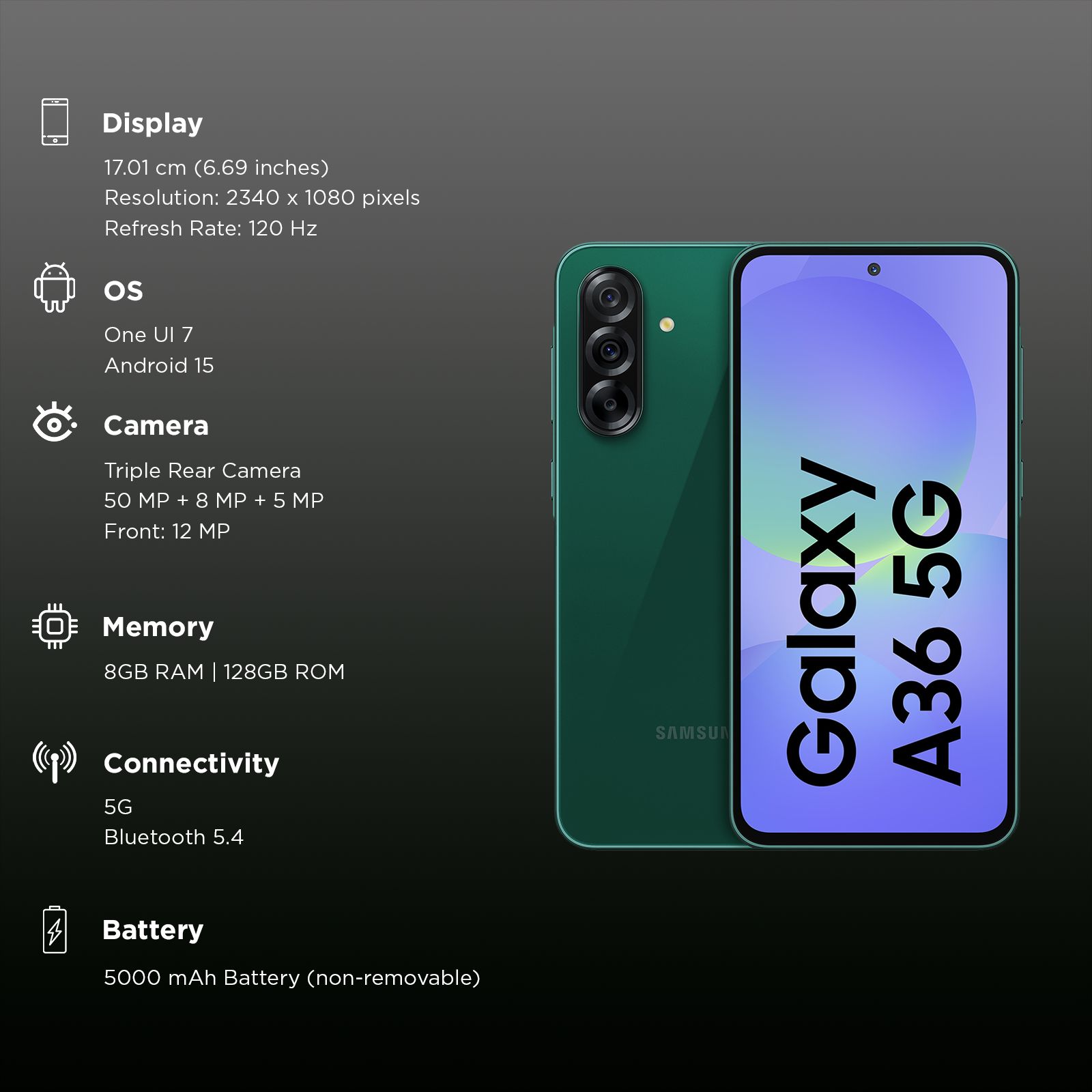 SAMSUNG Galaxy A36 5G (8GB RAM, 128GB, Dark Green) SAMSUNG Galaxy A36 5G (8GB RAM, 128GB, Dark Green)_3