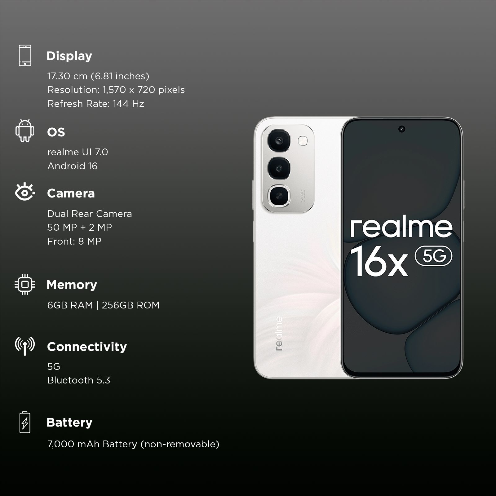 realme 16x 5G (6GB RAM, 256GB, Glory White) realme 16x 5G (6GB RAM, 256GB, Glory White)_3