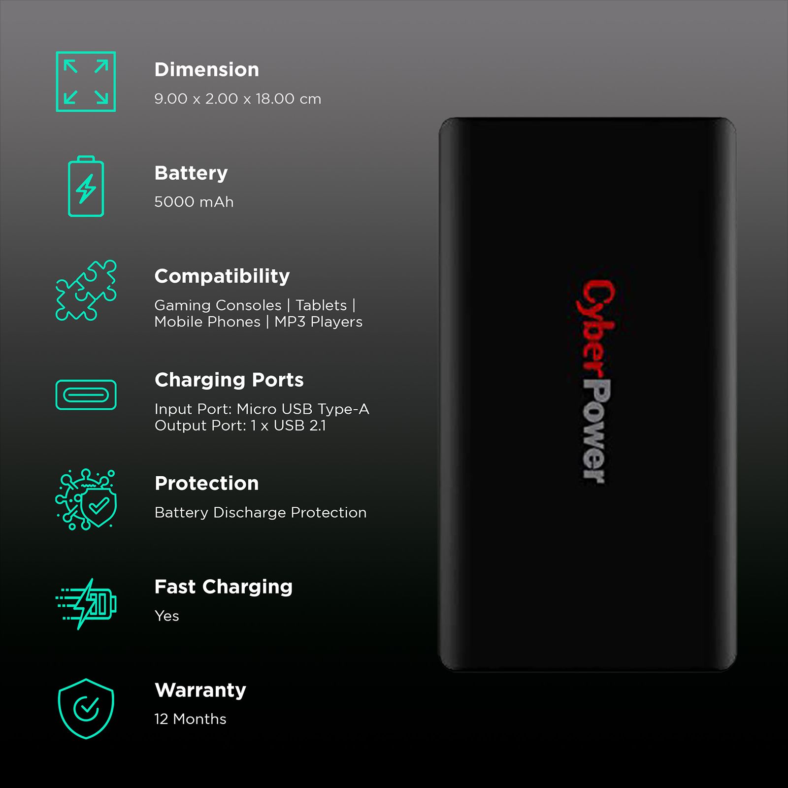 CyberPower CP5000PEG 5000 mAh Power Bank (1 USB 2.1 Port, High Quality Battery, Black) CyberPower CP5000PEG 5000 mAh Power Bank (1 USB 2.1 Port, High Quality Battery, Black)_3