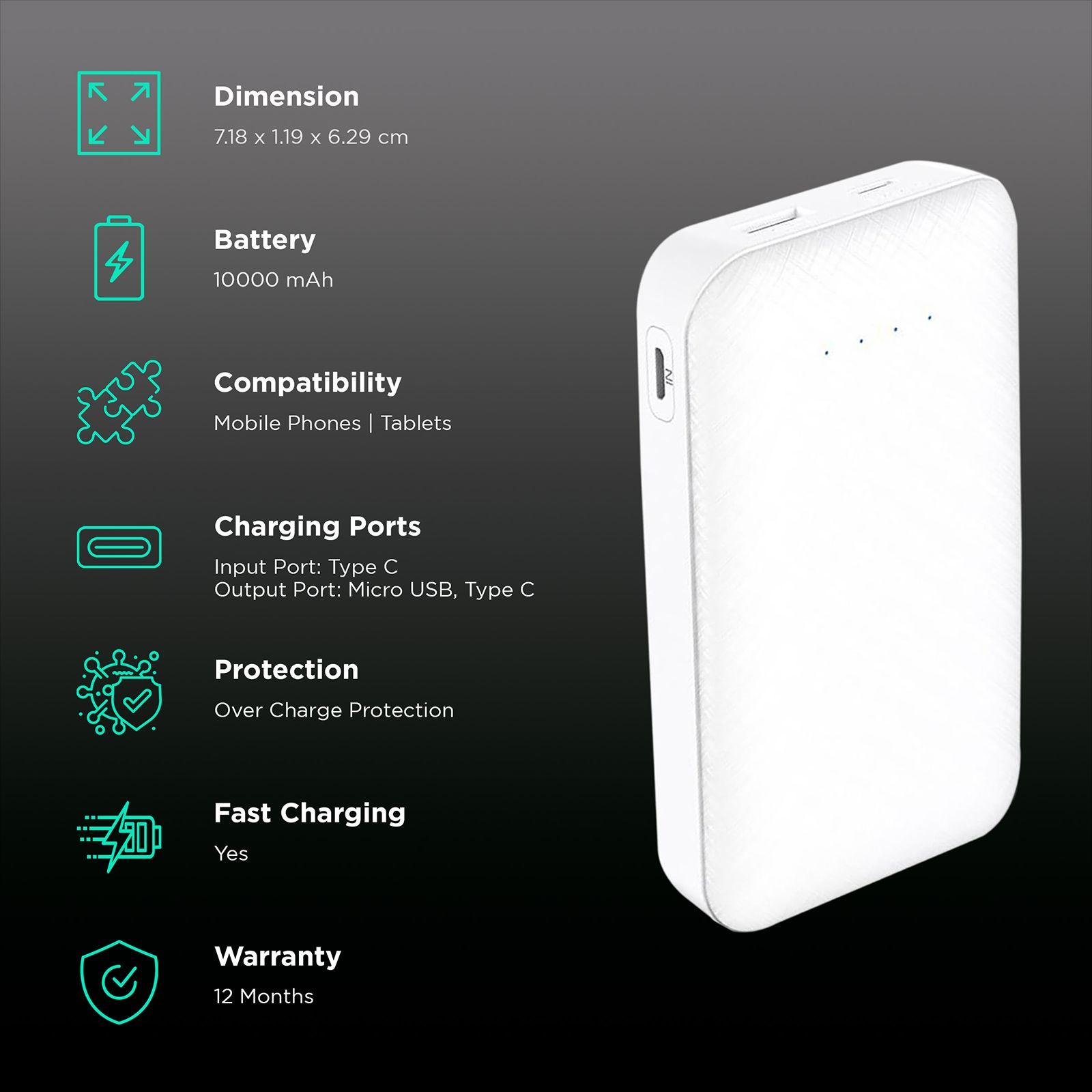 Nextech NPC 1041 10000 mAh Fast Charging Power Bank (1 Micro USB & 1 Type C Ports, LED Indicator, White) Nextech NPC 1041 10000 mAh Fast Charging Power Bank (1 Micro USB & 1 Type C Ports, LED Indicator, White)_3