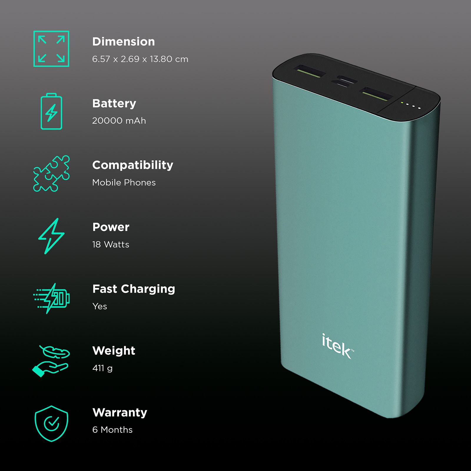 itek 20000mAh 3-Port Power Bank (Li-ion Battery, RBB055_GN, Green) itek 20000mAh 3-Port Power Bank (Li-ion Battery, RBB055_GN, Green)_3