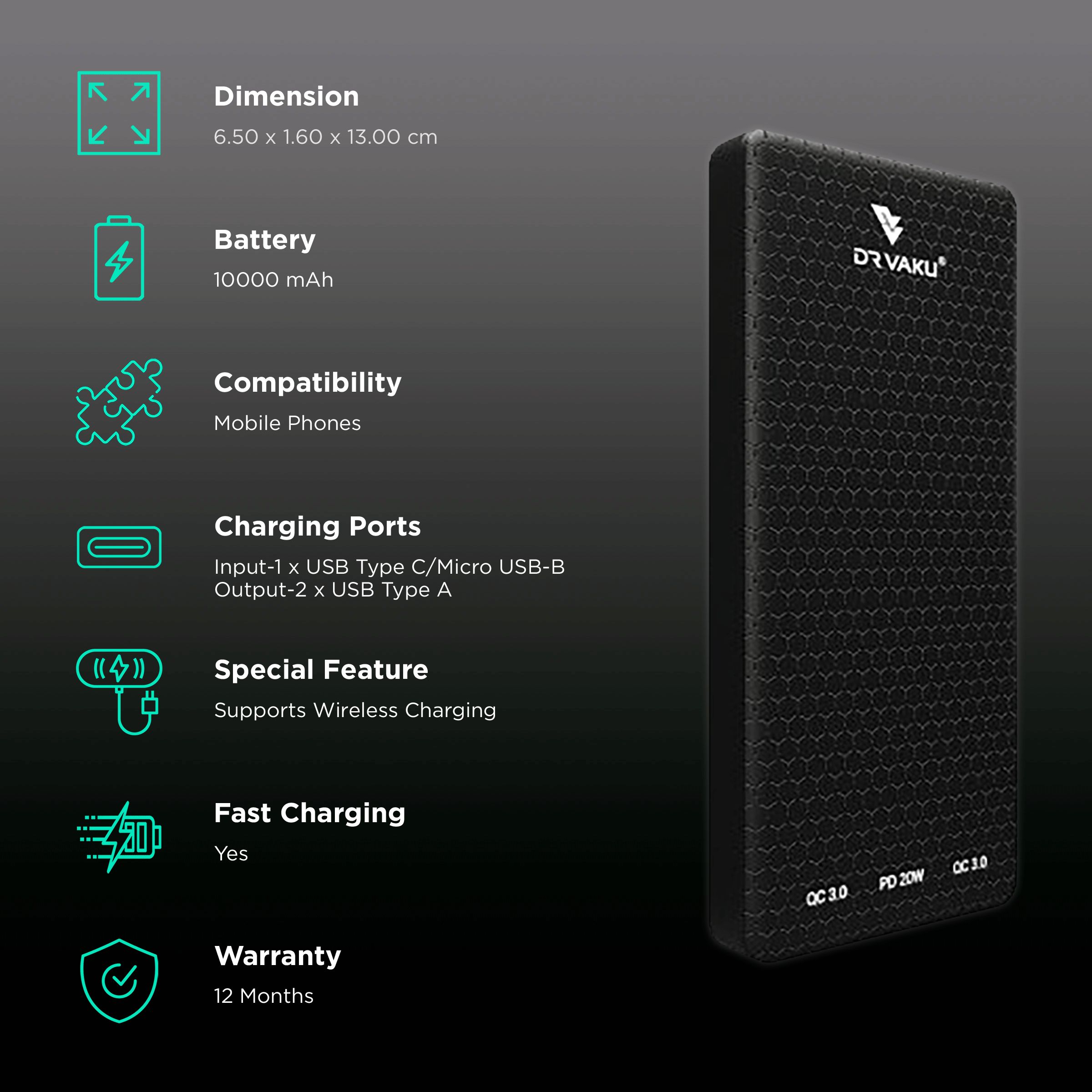 Vaku Carbon Series Magnus 10000 mAh Fast Charging Power Bank (1 Micro USB Type B, 1 Type C & 2 Type A Ports, Digital LED Indicator, Black)_3
