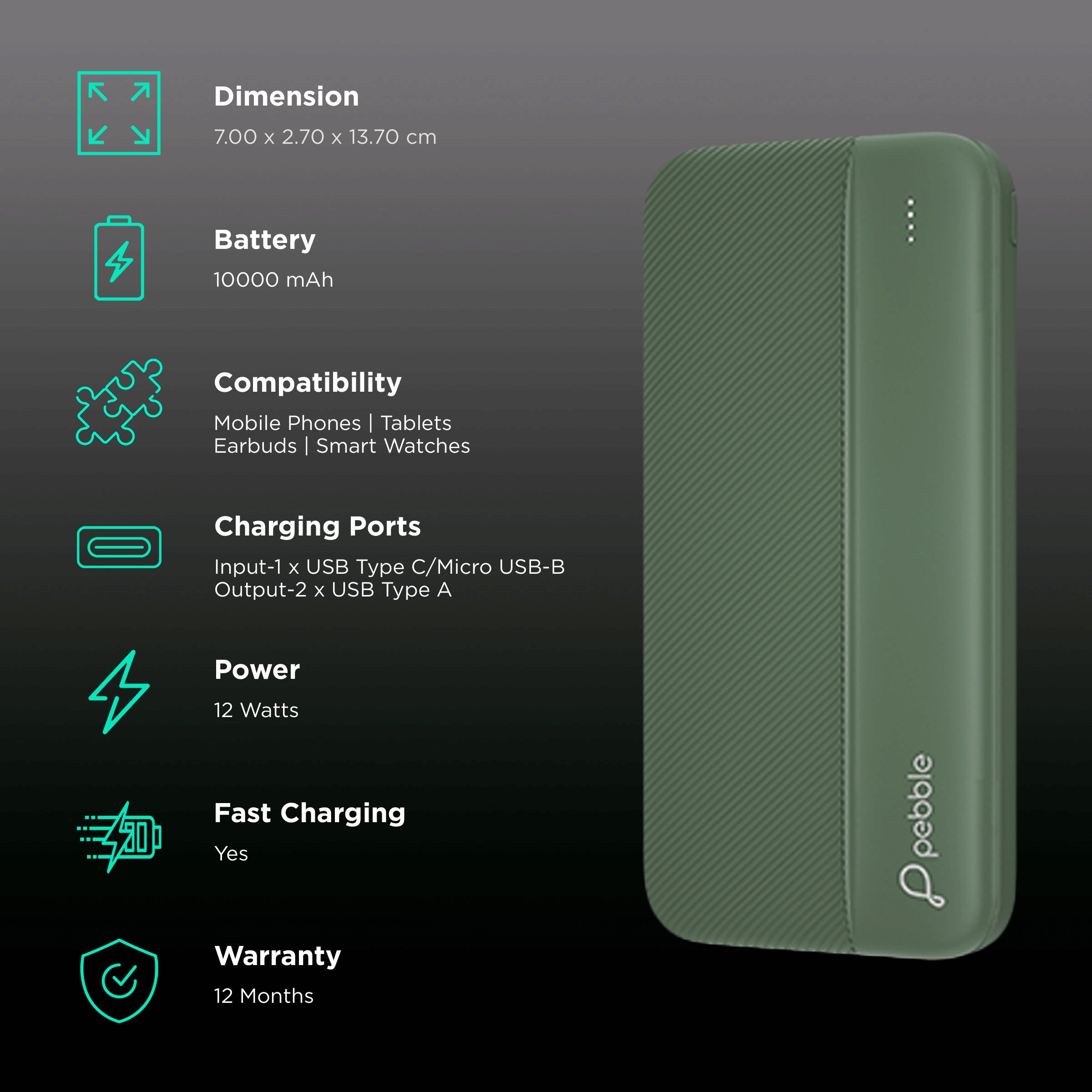 Pebble Volt Pro 10000 mAh Fast Charging Power Bank (1 Micro USB Type B, 1 Type C & 2 Type A Ports, Universal Compatibility, Military Green) Pebble Volt Pro 10000 mAh Fast Charging Power Bank (1 Micro USB Type B, 1 Type C & 2 Type A Ports, Universal Compatibility, Military Green)_3