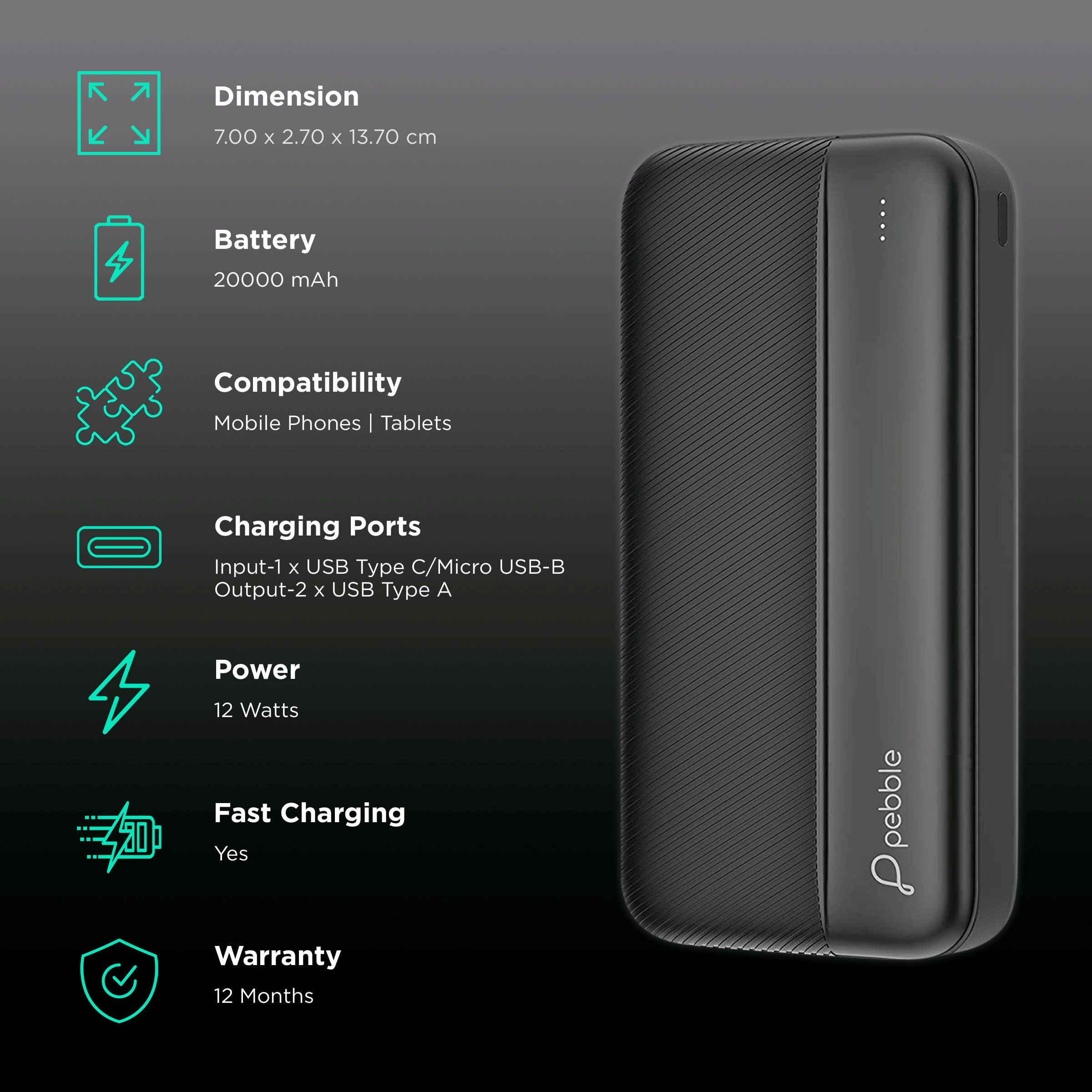 Pebble Volt Max 20000 mAh 12W Fast Charging Power Bank (1 Micro USB Type B, 1 Type C & 2 Type A Ports, Universal Compatibility, Midnight Black)_3