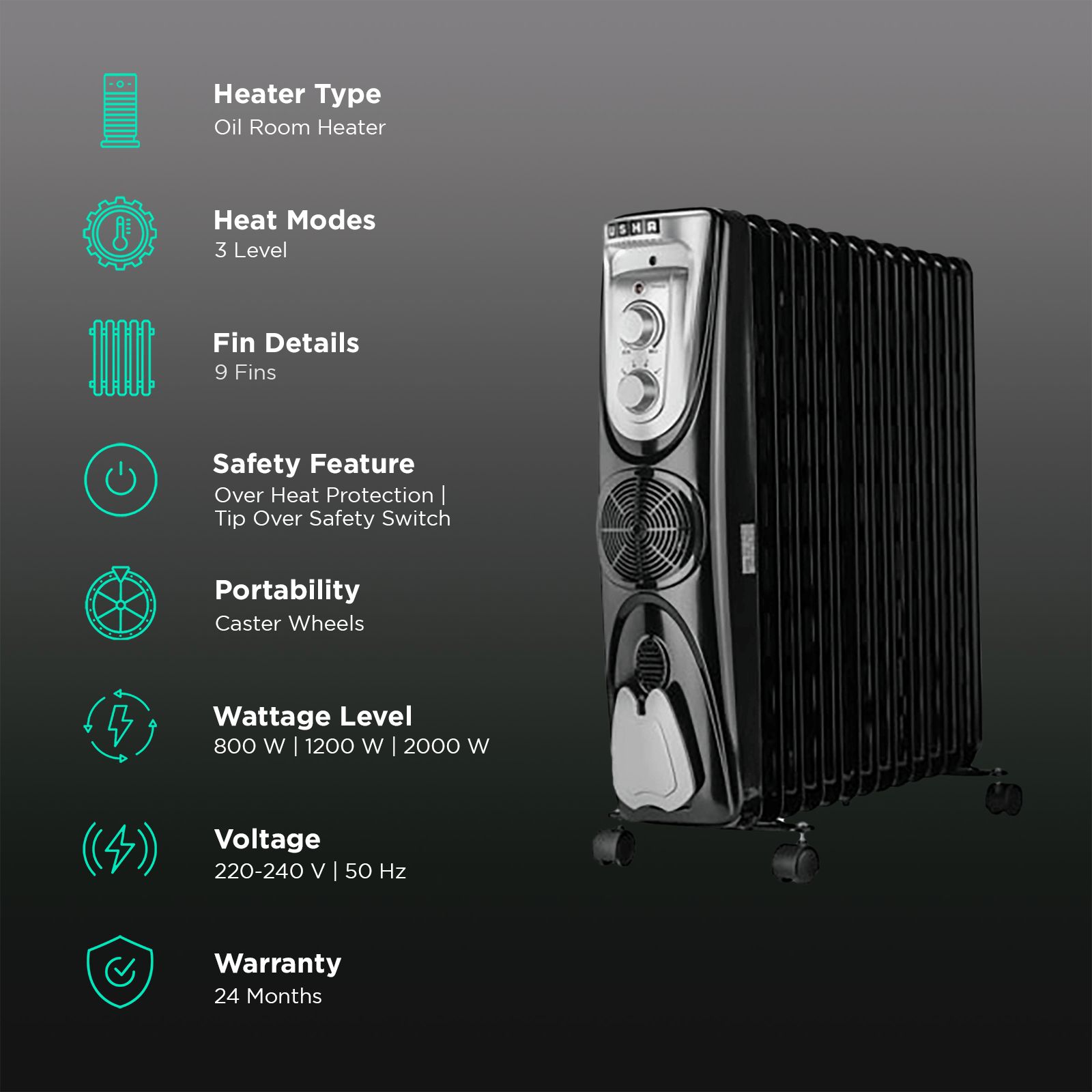 USHA 3809 F 2000W PTC Oil Filled Radiator Room Heater with 9 Fins (Adjustable Thermostat USHA 3809 F 2000W PTC Oil Filled Radiator Room Heater with 9 Fins (Adjustable Thermostat_3