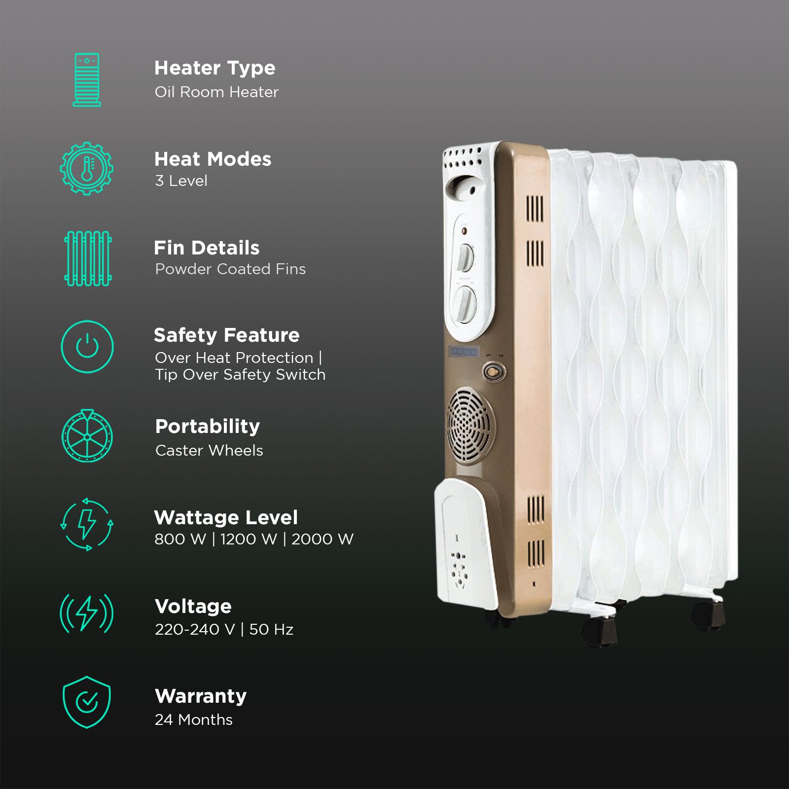 USHA 3609 FS 2000W PTC Oil Filled Radiator Room Heater with Rust Protection (Adjustable Thermostat_3