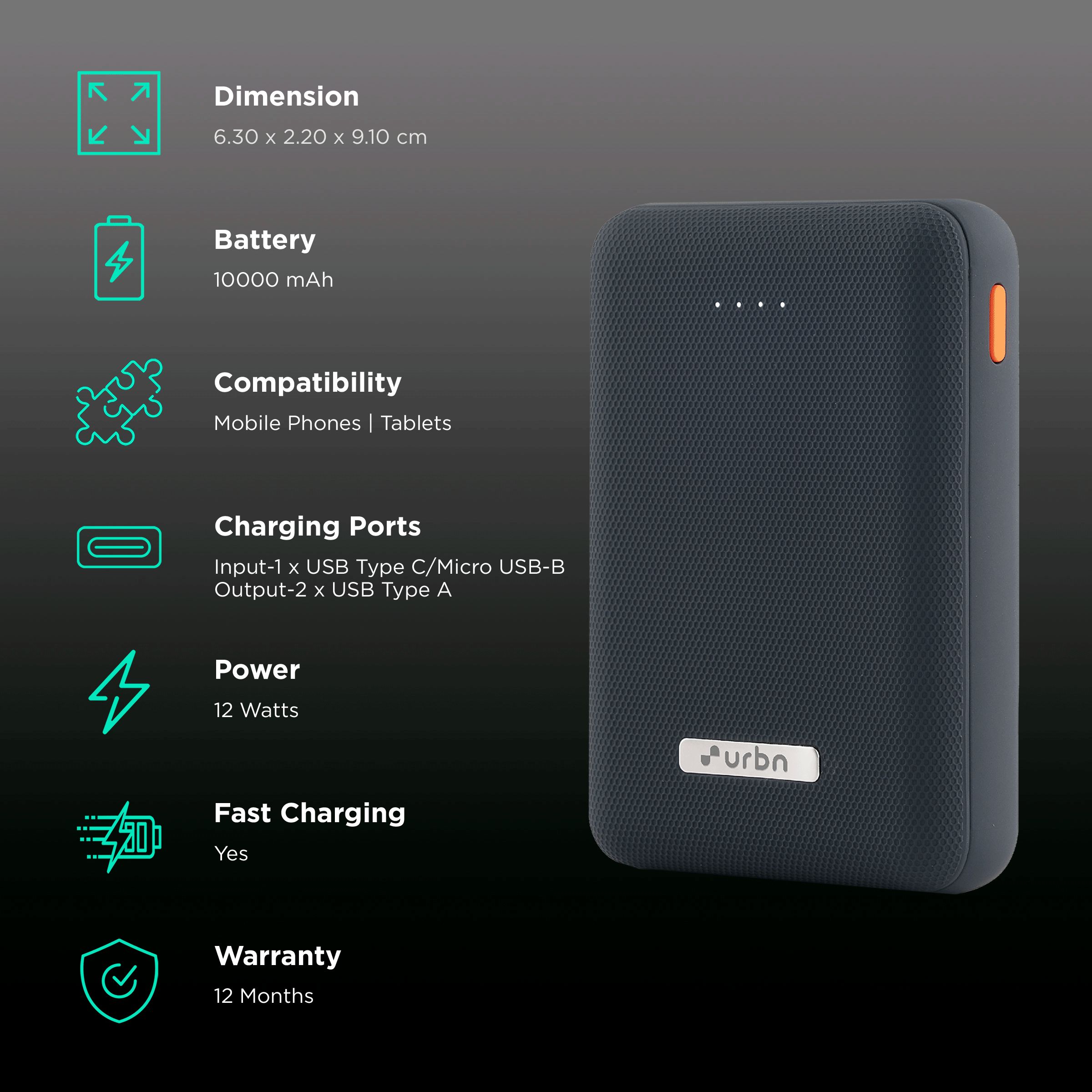 urbn 10000 mAh 12W Fast Charging Power Bank (1 Micro USB Type B, 1 Type C & 2 Type A Ports, Ultra Compact Casing, LED Charging Indicator, Blue) urbn 10000 mAh 12W Fast Charging Power Bank (1 Micro USB Type B, 1 Type C & 2 Type A Ports, Ultra Compact Casing, LED Charging Indicator, Blue)_3