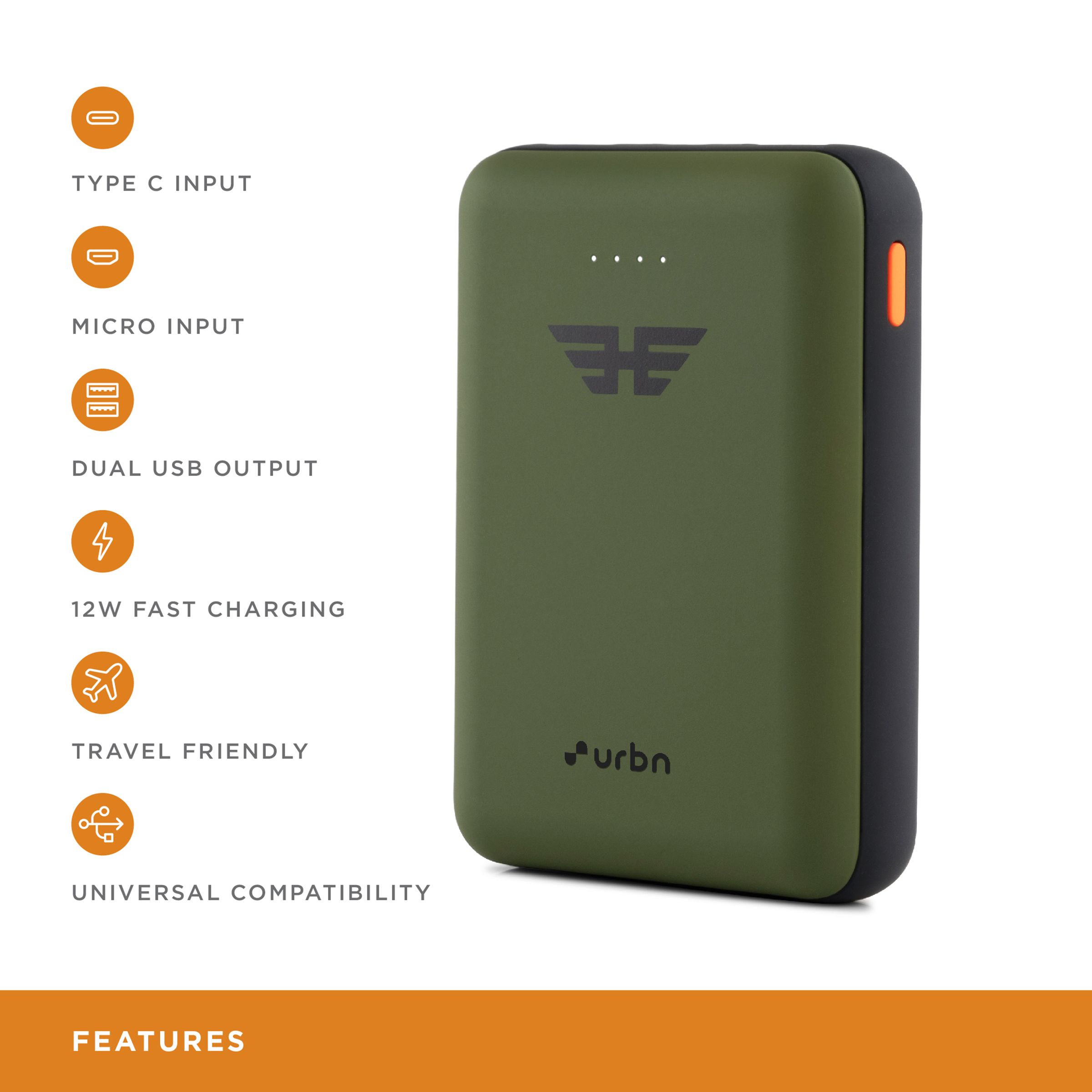 urbn 10000 mAh 12W Fast Charging Power Bank (1 Micro USB Type B, 1 Type C & 2 Type A Ports, Ultra Compact Casing, LED Charging Indicator, Camo) urbn 10000 mAh 12W Fast Charging Power Bank (1 Micro USB Type B, 1 Type C & 2 Type A Ports, Ultra Compact Casing, LED Charging Indicator, Camo)_11