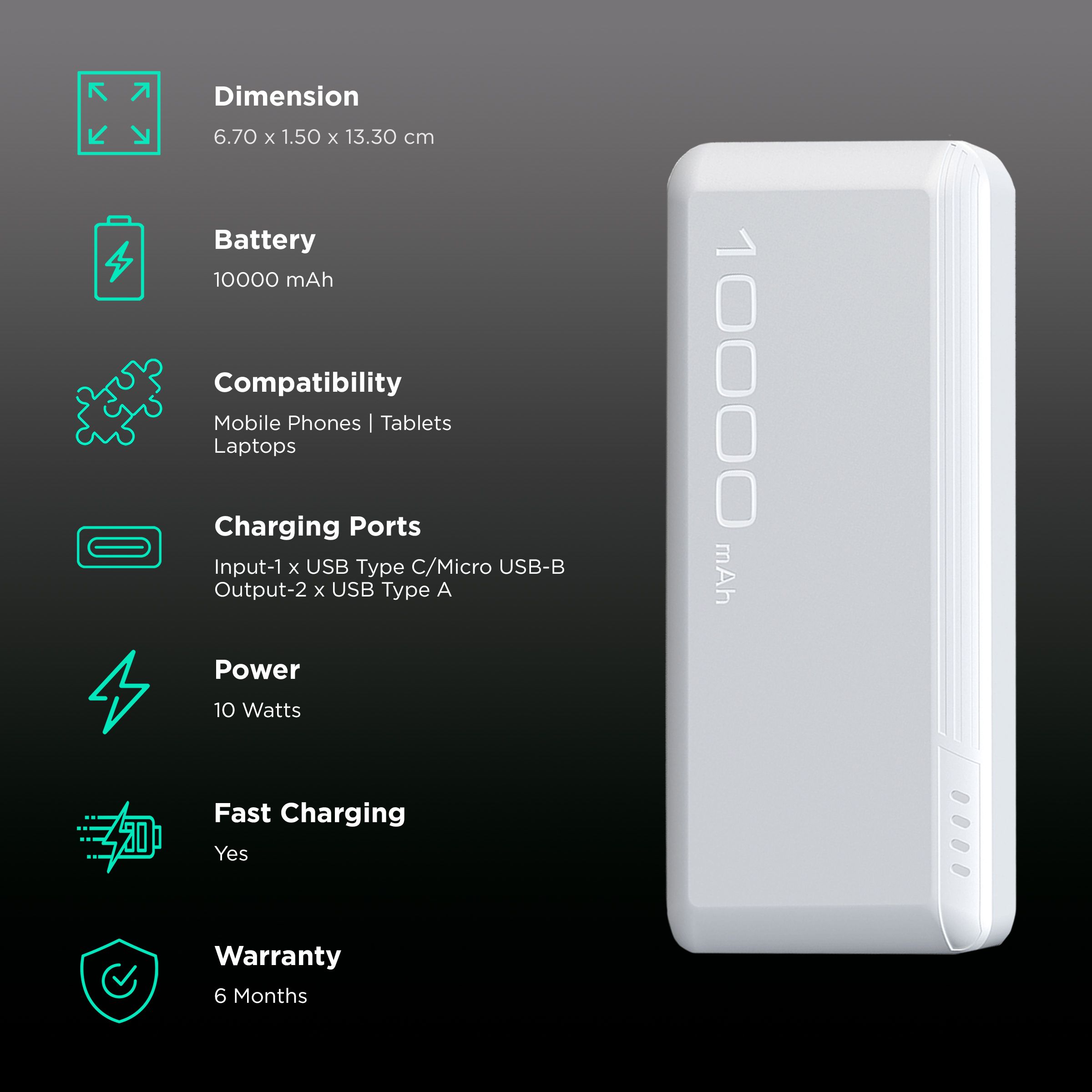I KALL 10000 mAh 10W Fast Charging Power Bank (1 Micro USB, 1 Type C & 2 Type A Ports, Dual Output, White) I KALL 10000 mAh 10W Fast Charging Power Bank (1 Micro USB, 1 Type C & 2 Type A Ports, Dual Output, White)_3