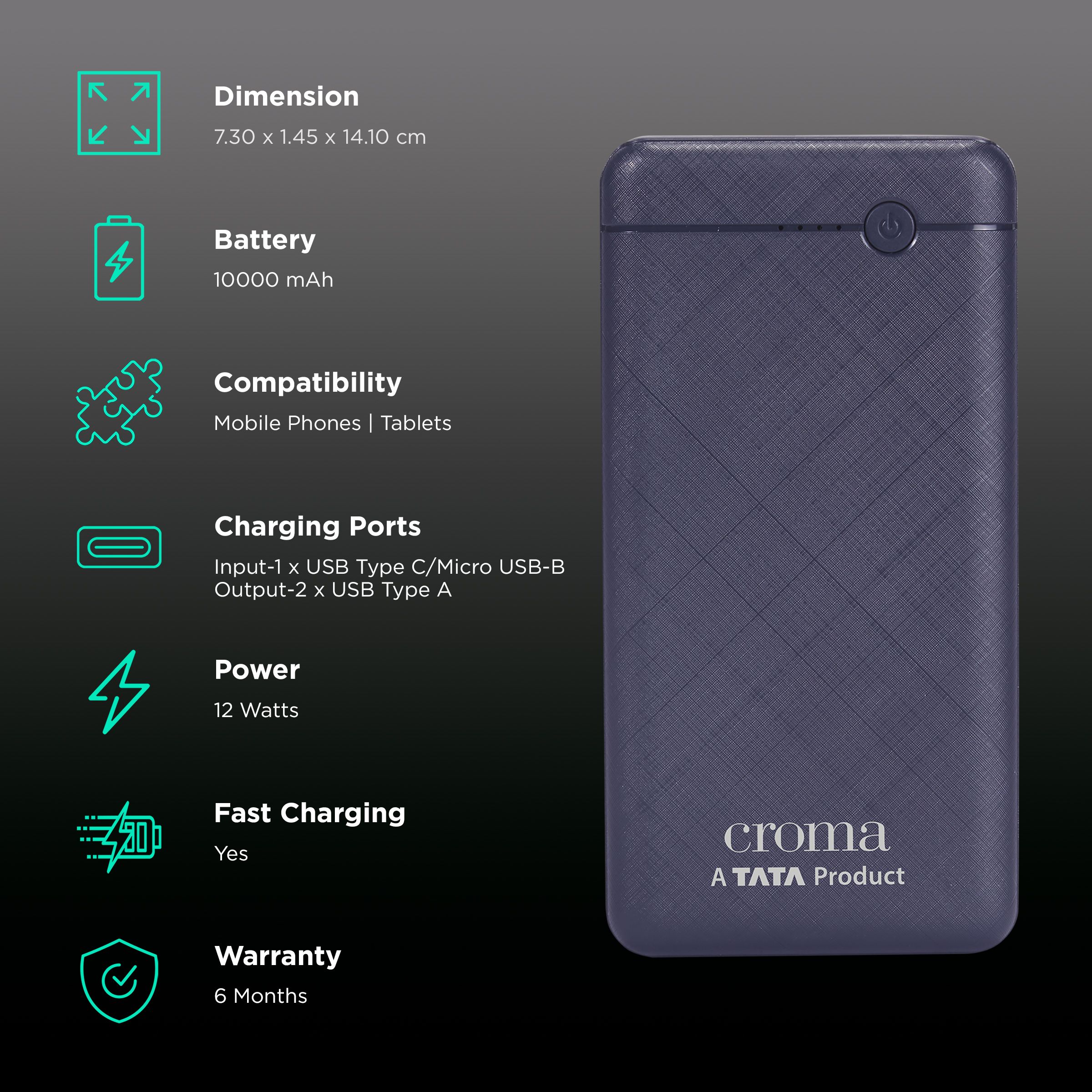 Croma 10000 mAh 12W Fast Charging Power Bank (1 Micro USB Type B, 1 Type C & 2 Type A Ports, Short Circuit Protection, Blue)_3