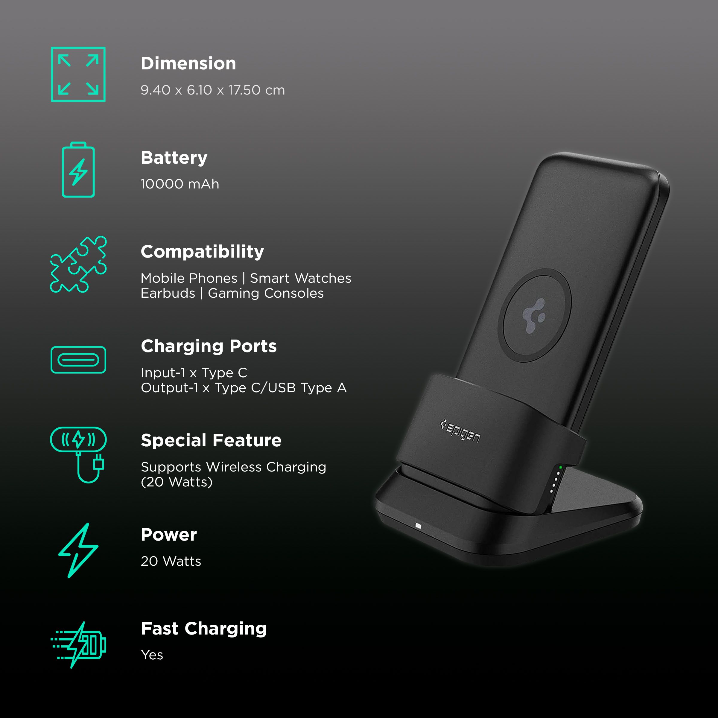 Spigen 10000 mAh 20W Fast Charging Power Bank (1 Type A & 1 Type C Ports, Wireless Charging, Black) Spigen 10000 mAh 20W Fast Charging Power Bank (1 Type A & 1 Type C Ports, Wireless Charging, Black)_2