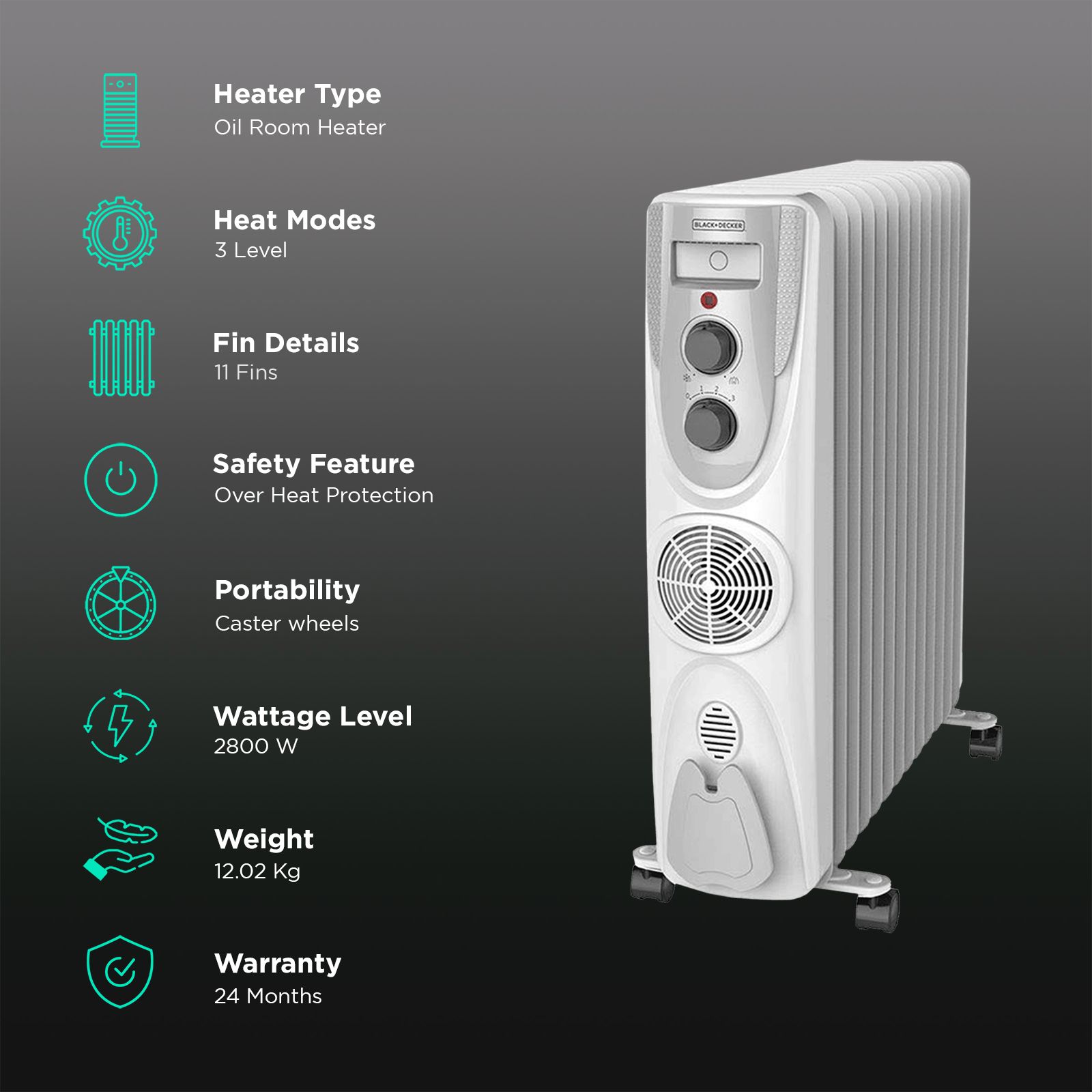 BLACK & DECKER BXRA1101IN 2800W Oil Filled Radiator Room Heater with 11 Fins (Adjustable Thermostat BLACK & DECKER BXRA1101IN 2800W Oil Filled Radiator Room Heater with 11 Fins (Adjustable Thermostat_3