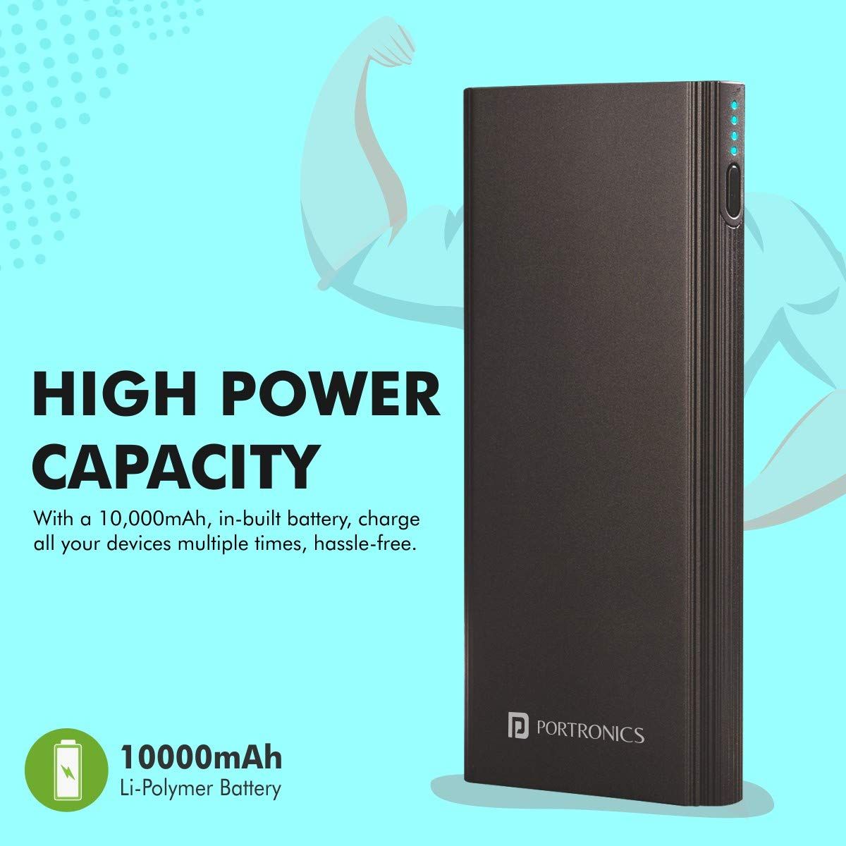Portronics Power M 10000 mAh 18W Fast Charging Power Bank (1 Micro USB Type B, 1 Type C & 2 Type A Ports, LED Charging Indicator, Black) Portronics Power M 10000 mAh 18W Fast Charging Power Bank (1 Micro USB Type B, 1 Type C & 2 Type A Ports, LED Charging Indicator, Black)_9