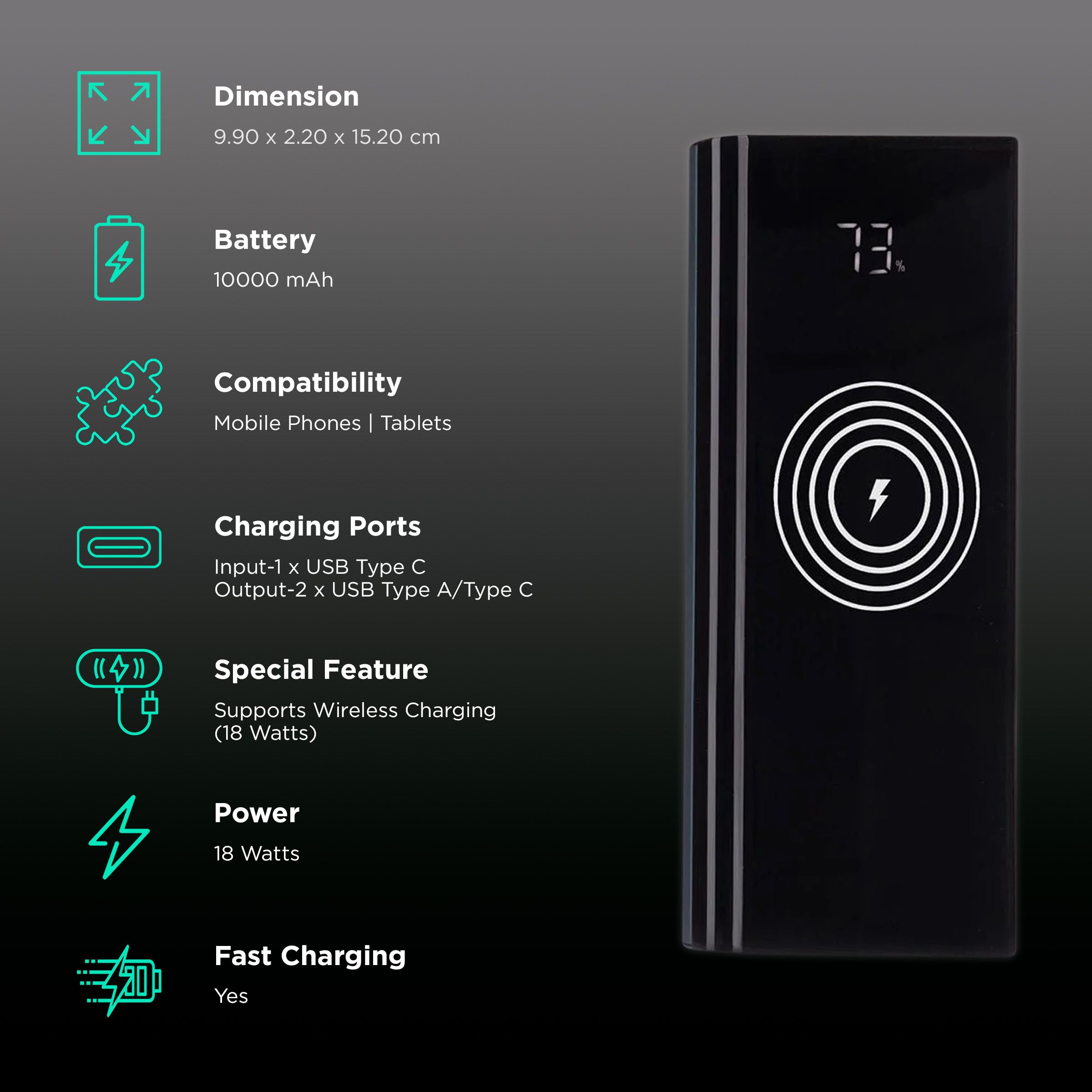 Portronics Power 10000 mAh 18W Fast Charging Power Bank (1 Type C & 2 Type A Ports, Wireless Charging, Black)_3