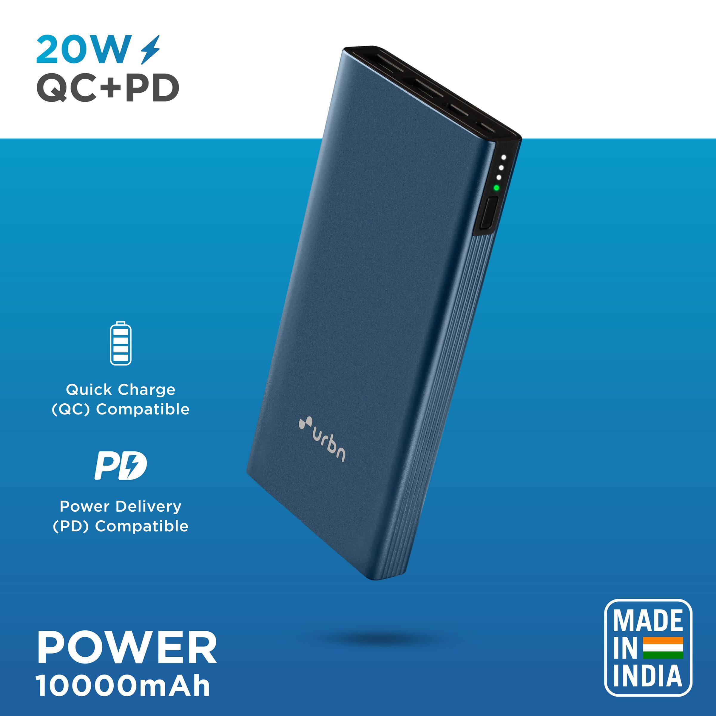 urbn 10000 mAh 20W Fast Charging Power Bank (1 Micro USB Type B, 1 Type C & 2 Type A Ports, Ultra Slim Metal Body, BIS Certified, Blue)_6