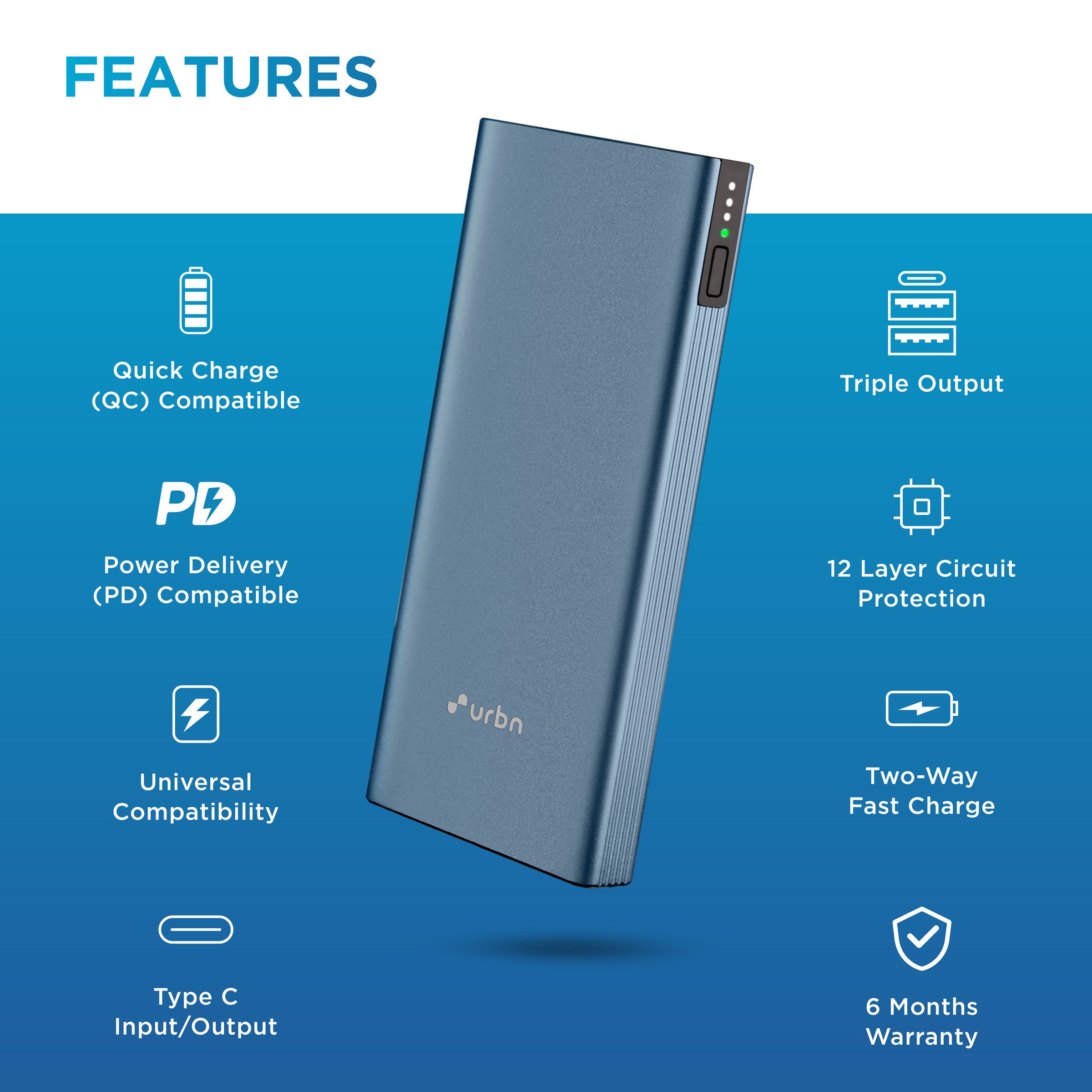 urbn 10000 mAh 20W Fast Charging Power Bank (1 Micro USB Type B, 1 Type C & 2 Type A Ports, Ultra Slim Metal Body, BIS Certified, Blue)_7