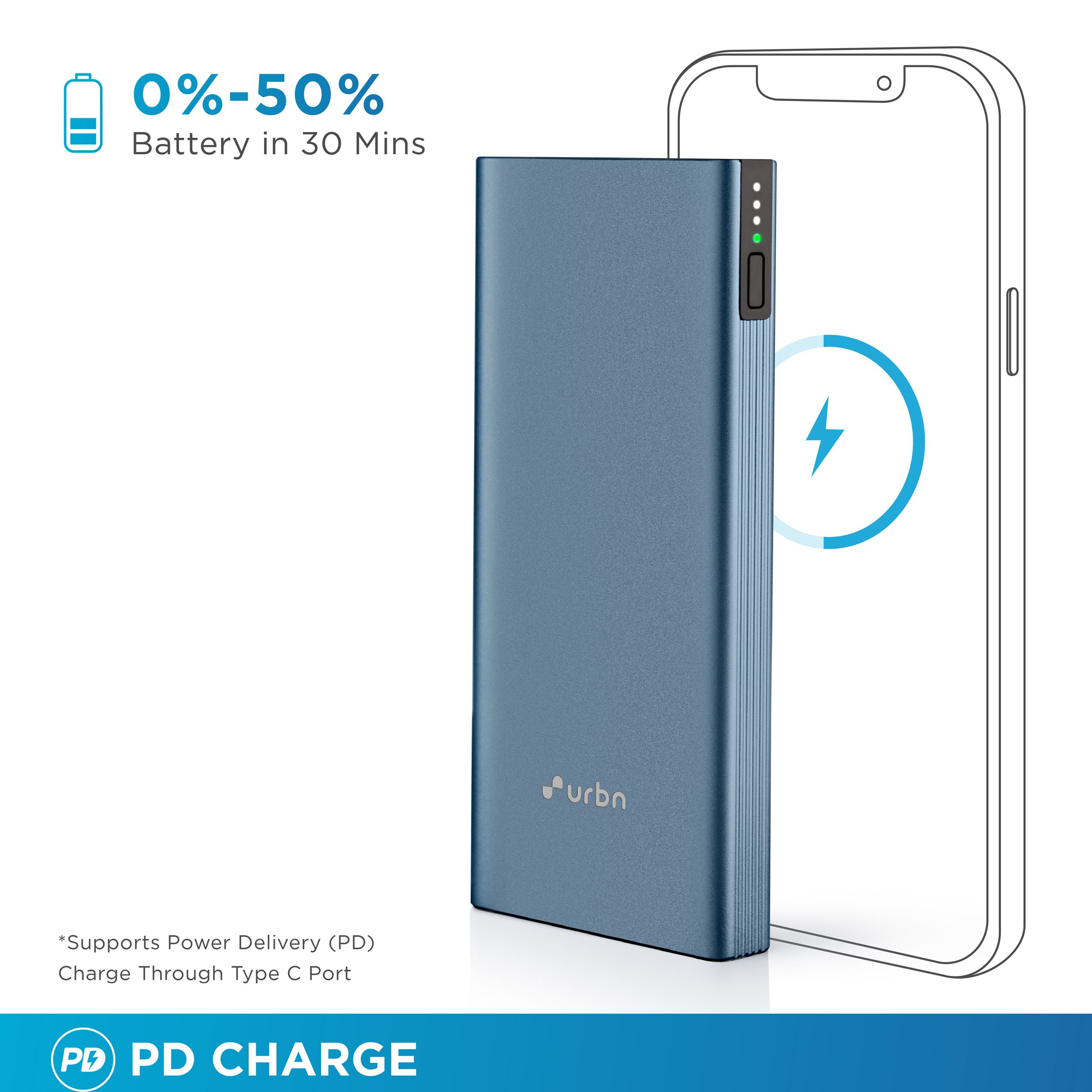 urbn 10000 mAh 20W Fast Charging Power Bank (1 Micro USB Type B, 1 Type C & 2 Type A Ports, Ultra Slim Metal Body, BIS Certified, Blue)_8
