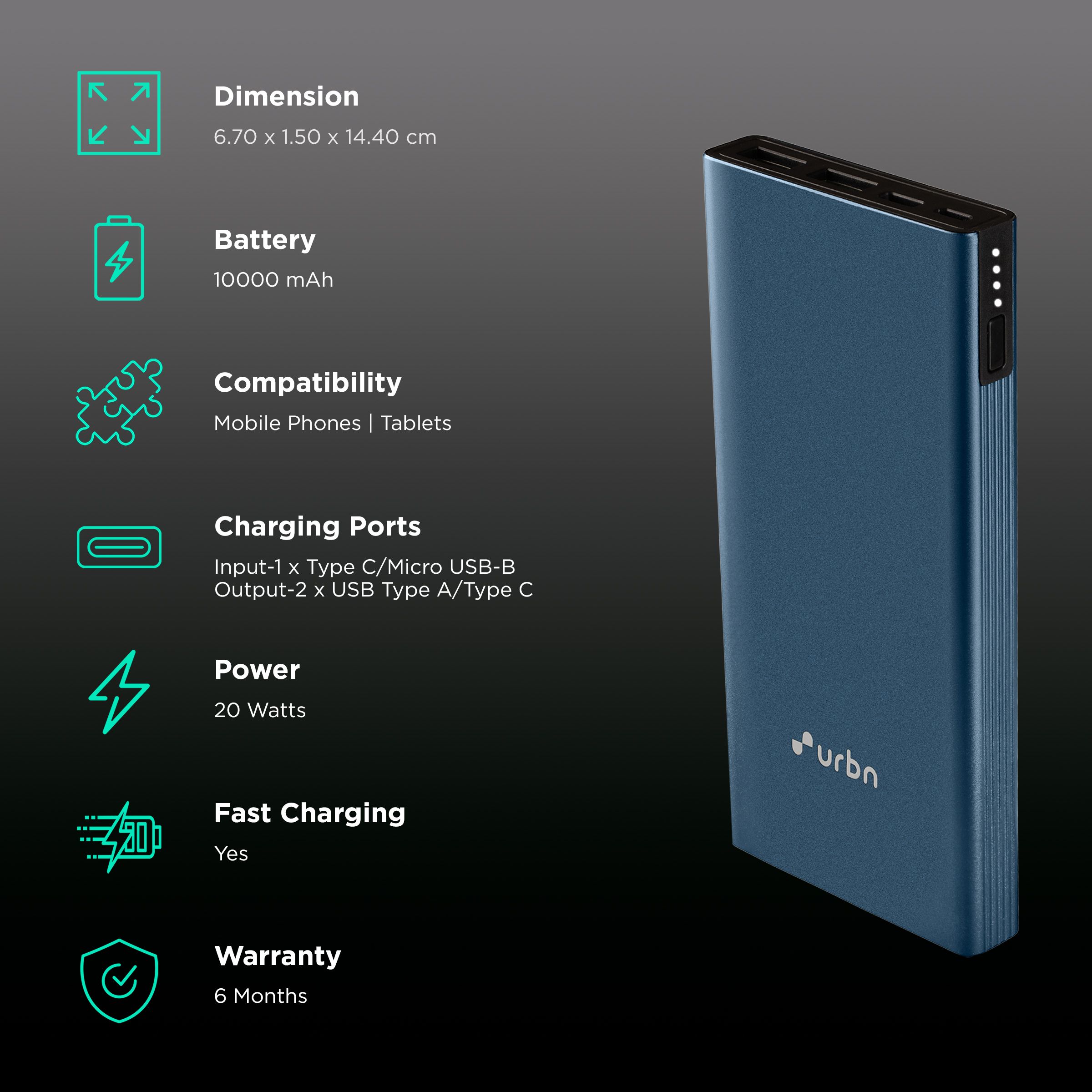 urbn 10000 mAh 20W Fast Charging Power Bank (1 Micro USB Type B, 1 Type C & 2 Type A Ports, Ultra Slim Metal Body, BIS Certified, Blue)_3