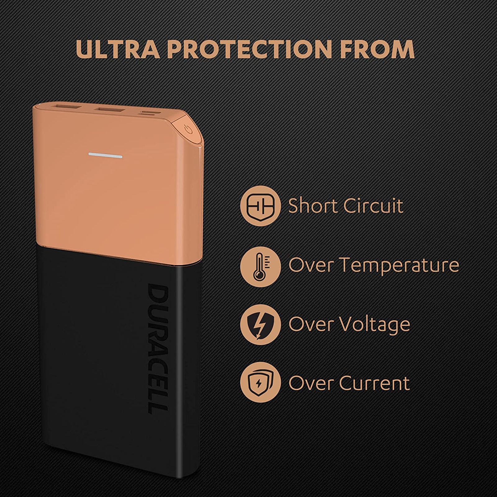 DURACELL 10000 mAh 22.5W Fast Charging Power Bank (2 Type A and 1 Type C Ports, Short Circuit Protection, Black & Copper) DURACELL 10000 mAh 22.5W Fast Charging Power Bank (2 Type A and 1 Type C Ports, Short Circuit Protection, Black & Copper)_3