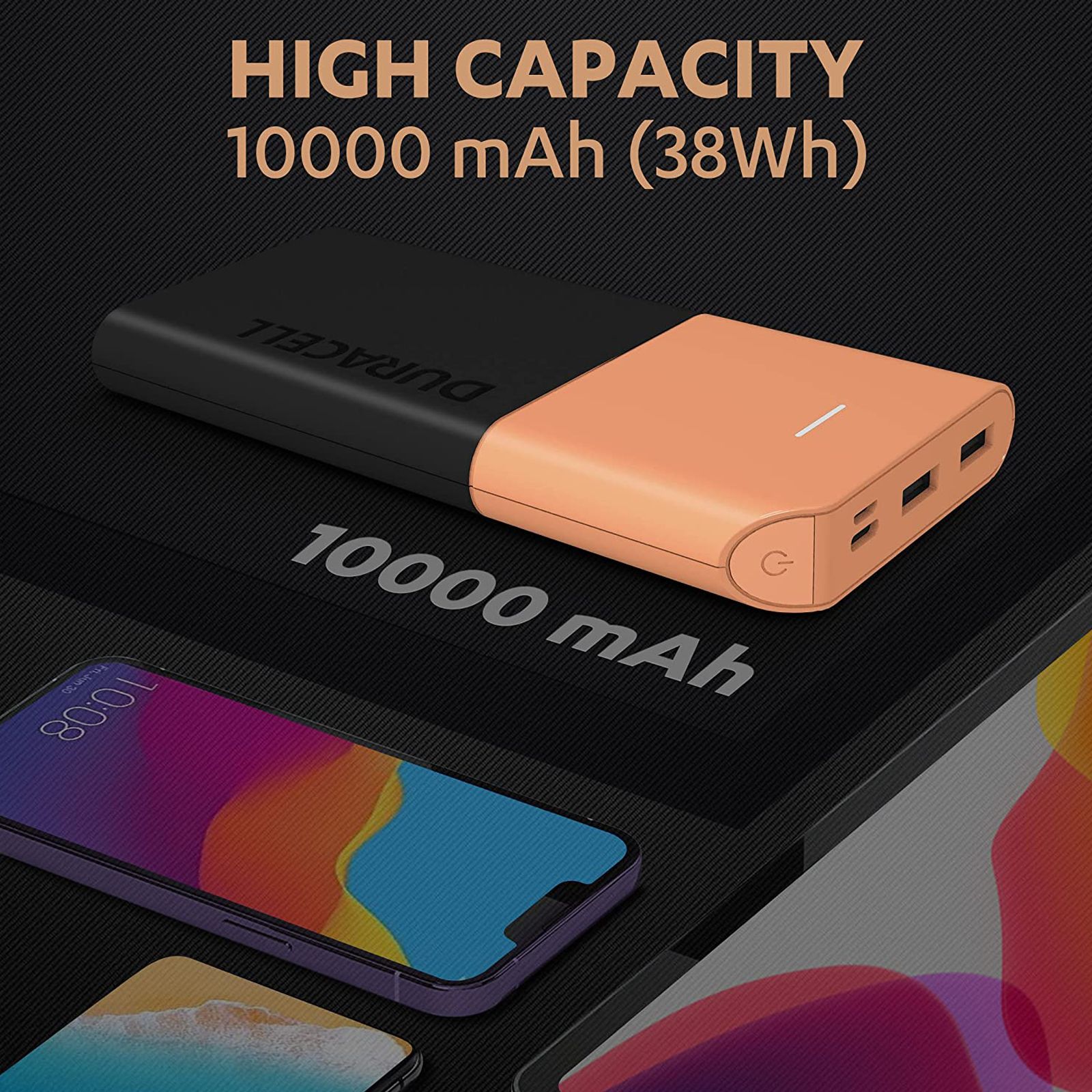 DURACELL 10000 mAh 22.5W Fast Charging Power Bank (2 Type A and 1 Type C Ports, Short Circuit Protection, Black & Copper) DURACELL 10000 mAh 22.5W Fast Charging Power Bank (2 Type A and 1 Type C Ports, Short Circuit Protection, Black & Copper)_4