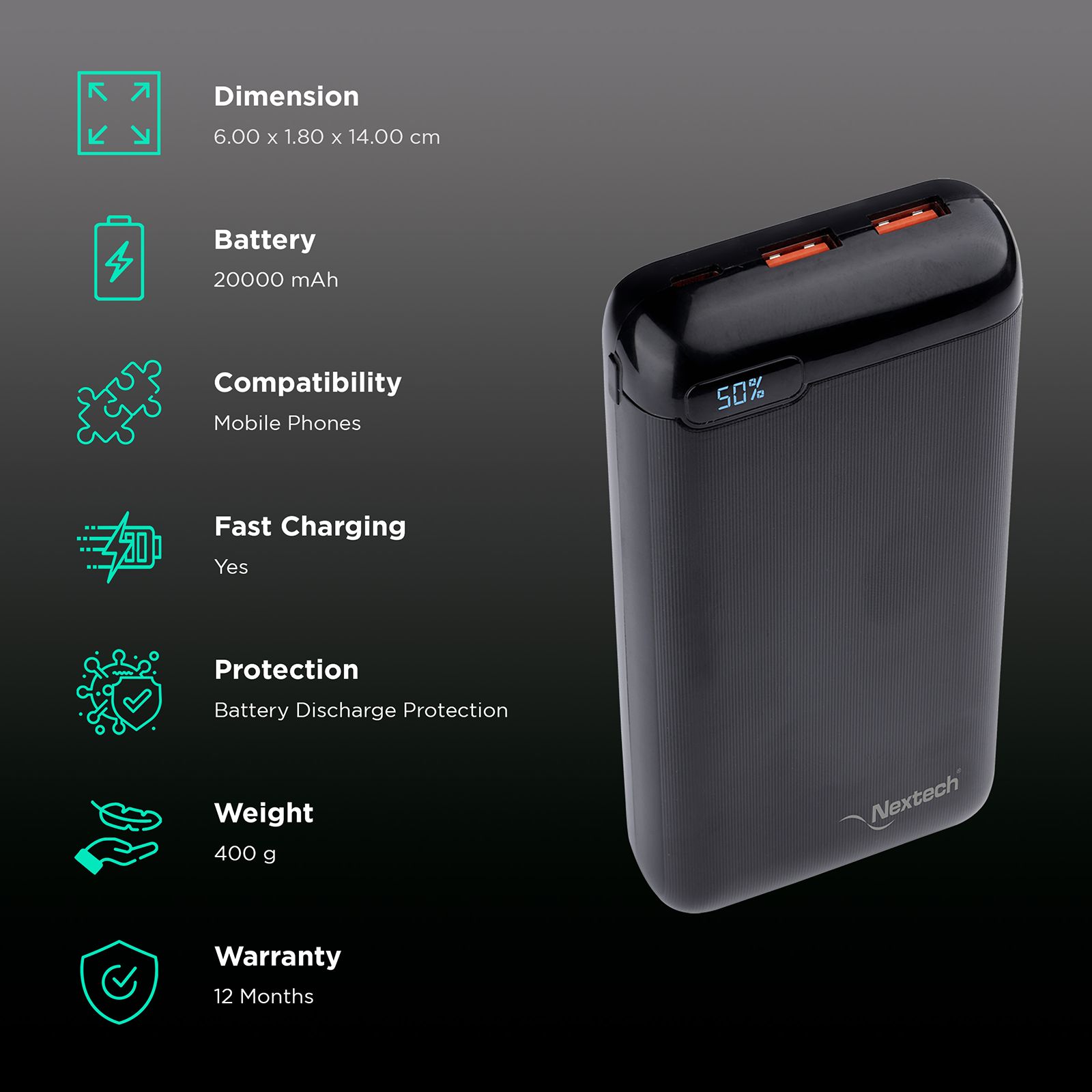 Nextech Astro 20000 mAh Power Bank (1 PD & 2 QC USB Ports, IC Controlled Circuit, Black) Nextech Astro 20000 mAh Power Bank (1 PD & 2 QC USB Ports, IC Controlled Circuit, Black)_3